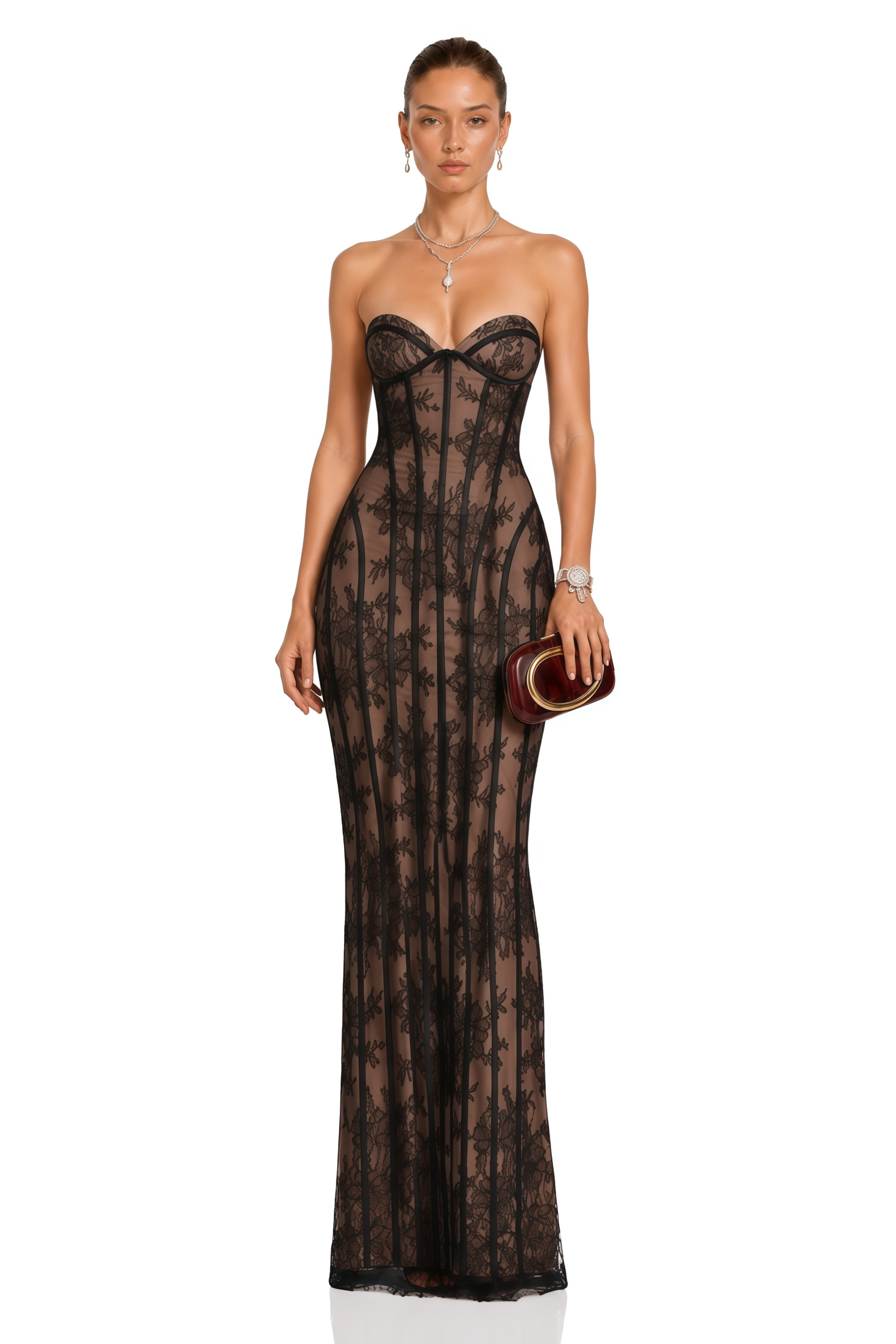 Urszula Black Floral Lace Corset Maxi Dress
