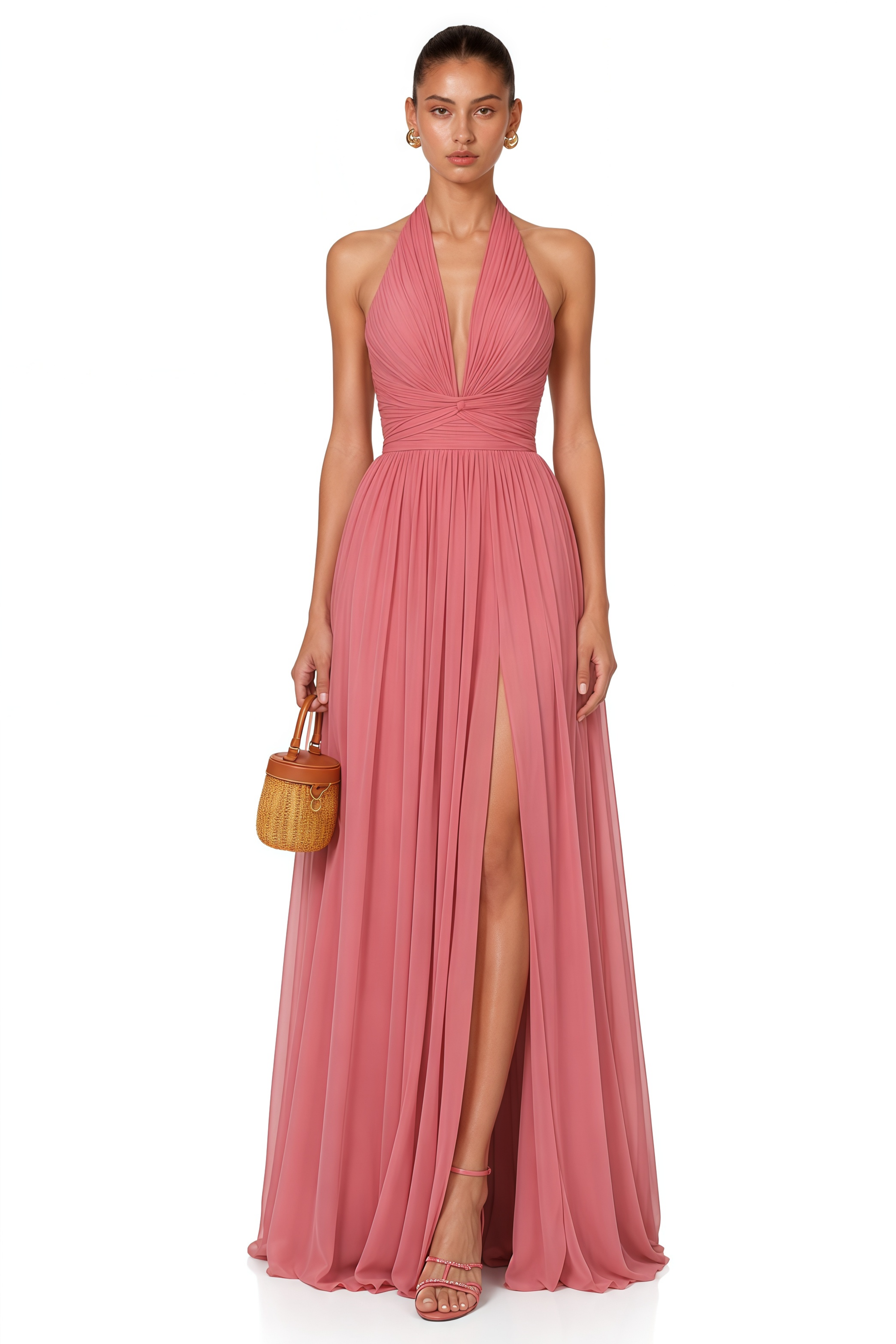 Macioci Pink Halterneck Ruched Maxi Dress with Criss Cross Front