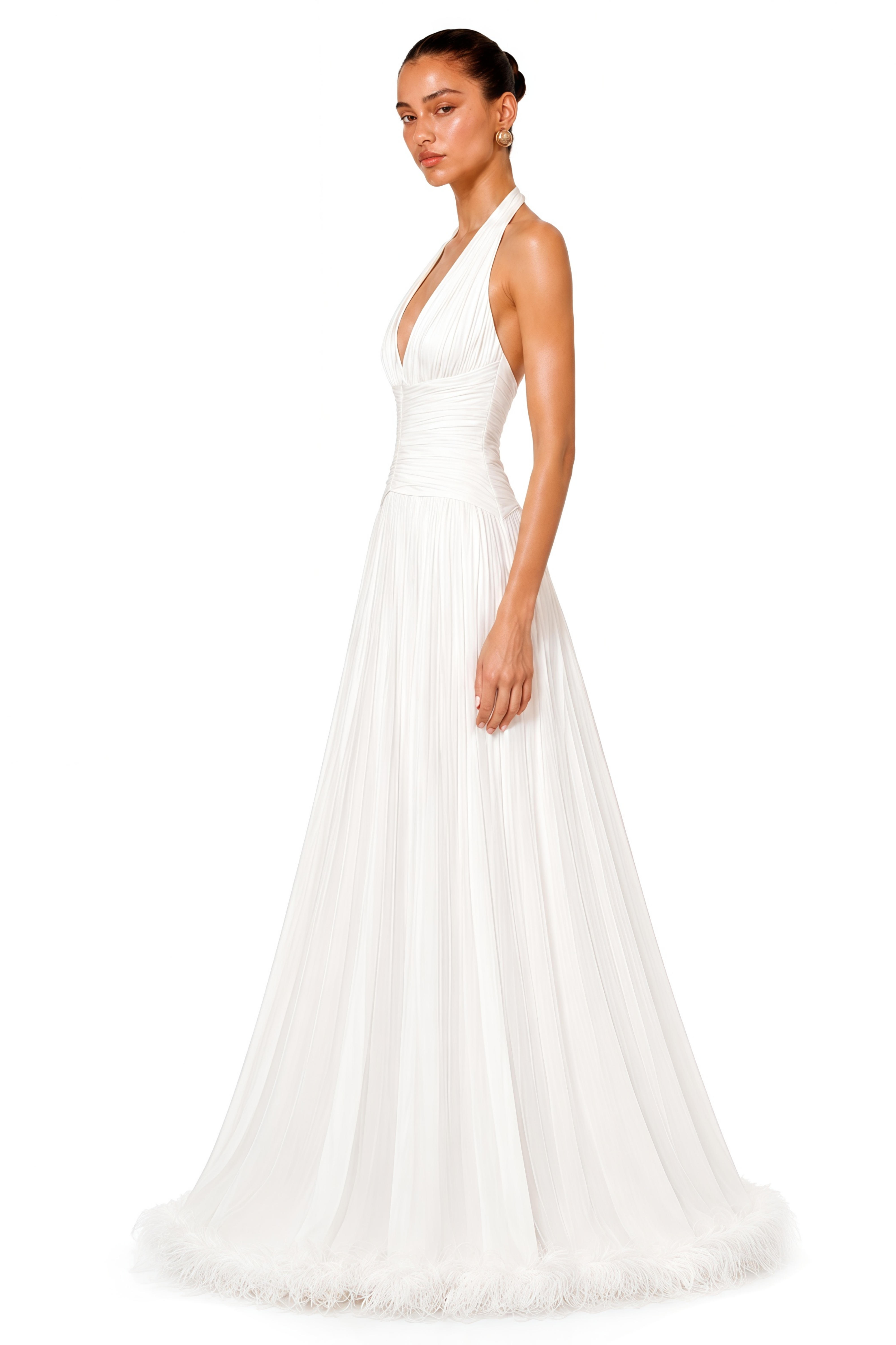 Ramona White Feather Hem Gathered Maxi Dress