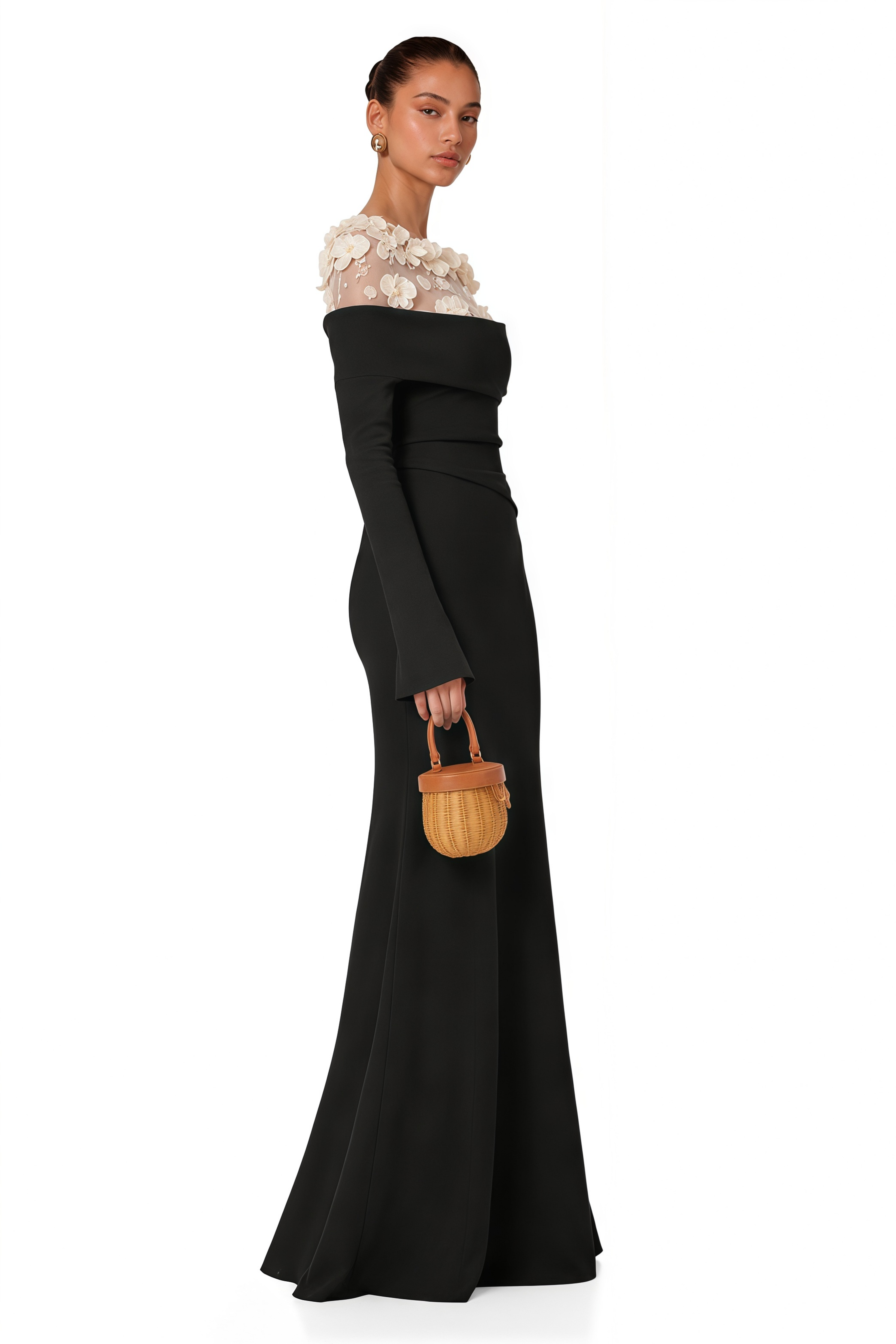 Silvia Black Floral Appliqué Off-Shoulder Gown