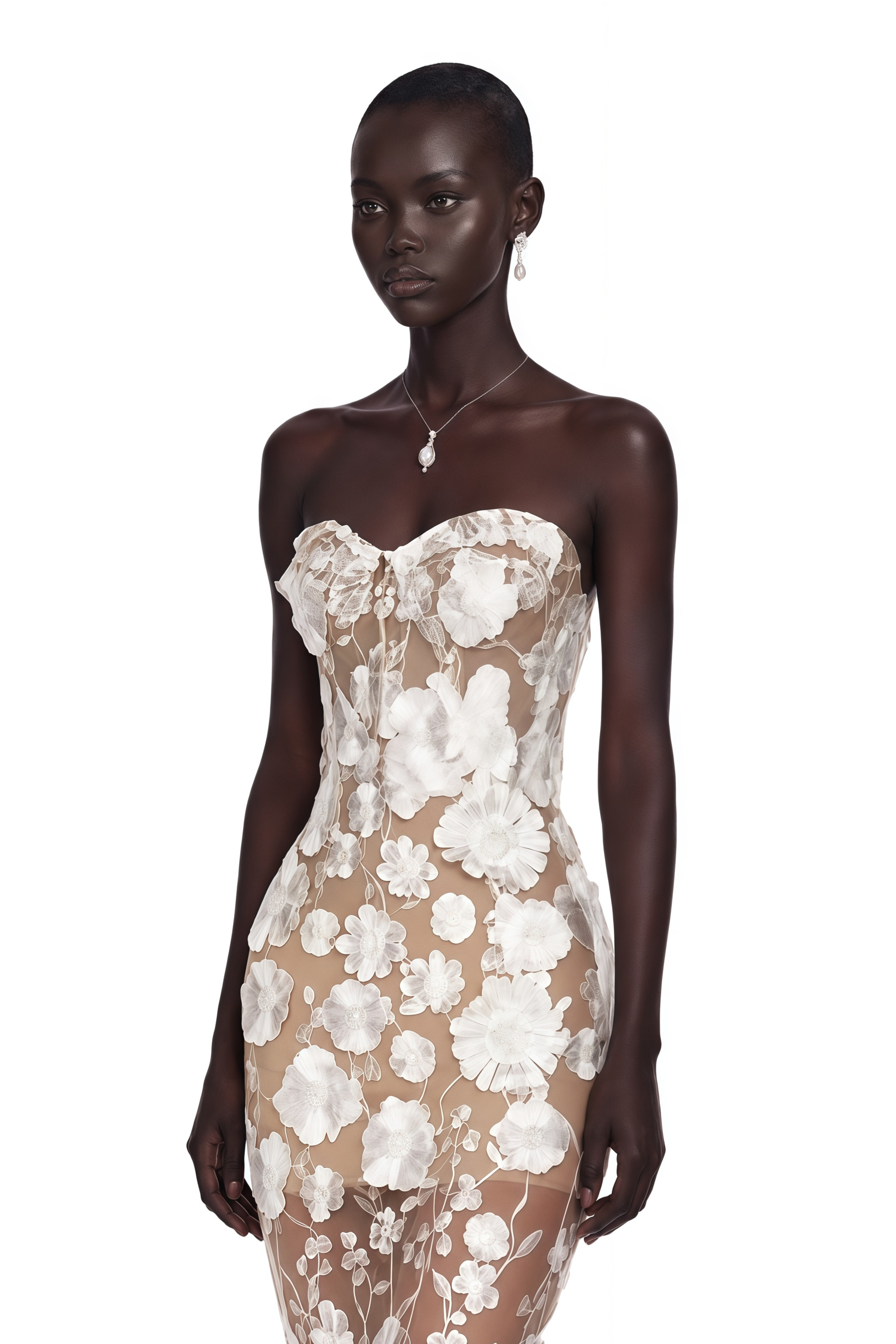 Brigitte White Floral Appliqué Corset Maxi Dress