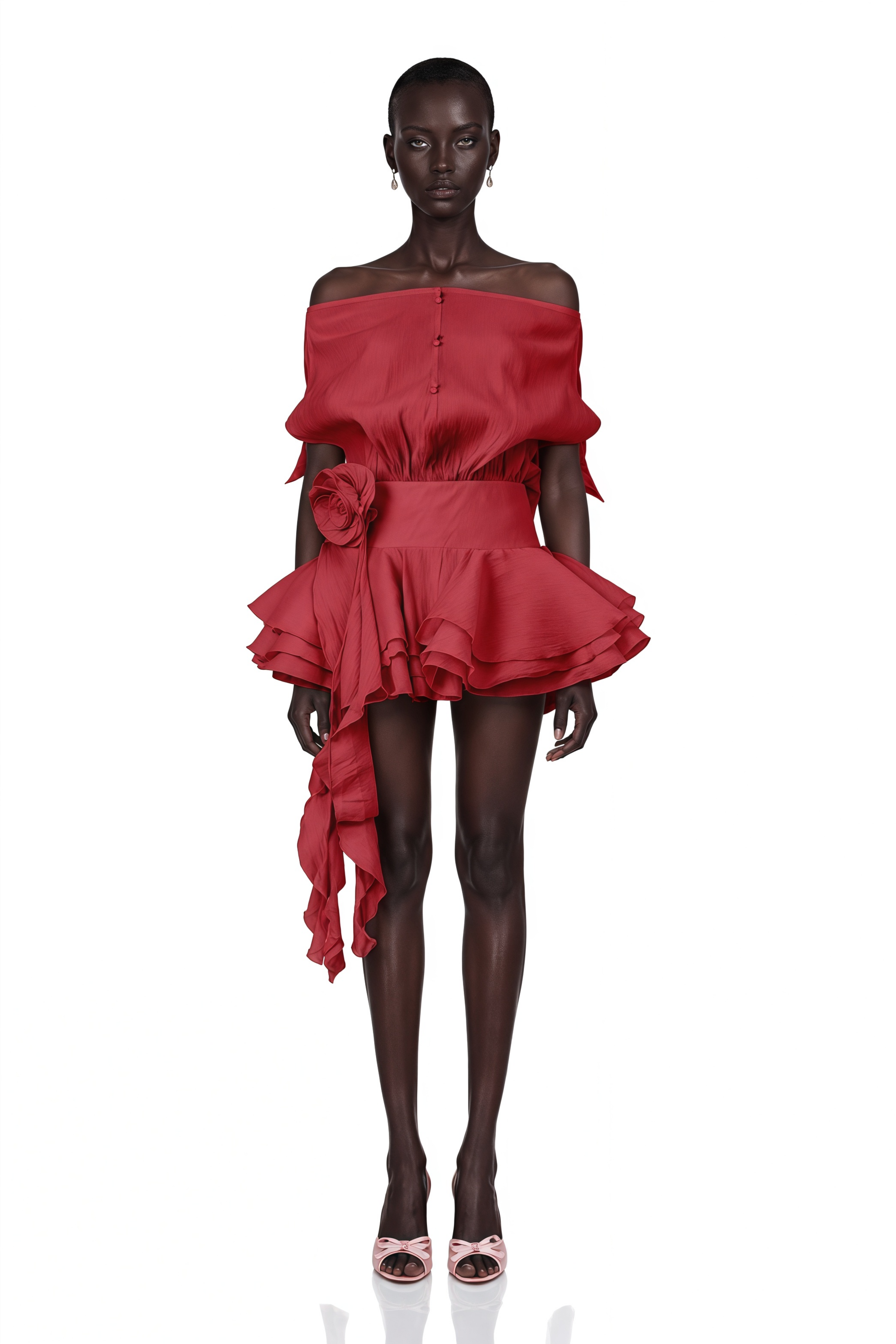 Amélie Red Floral Appliqué Flounced Mini Dress