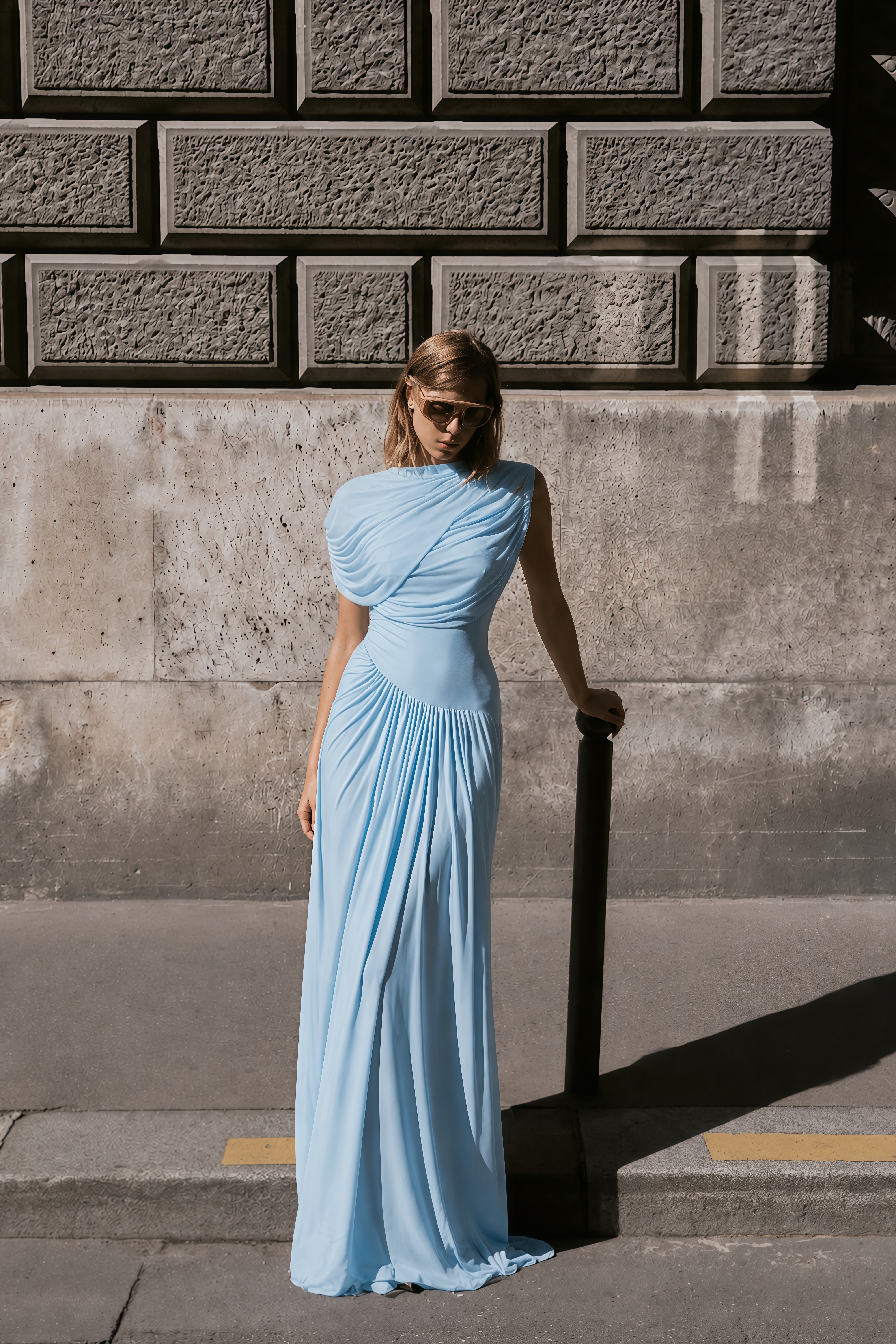 Catherine asymmetrical pleated maxi dress in Baby-blue
