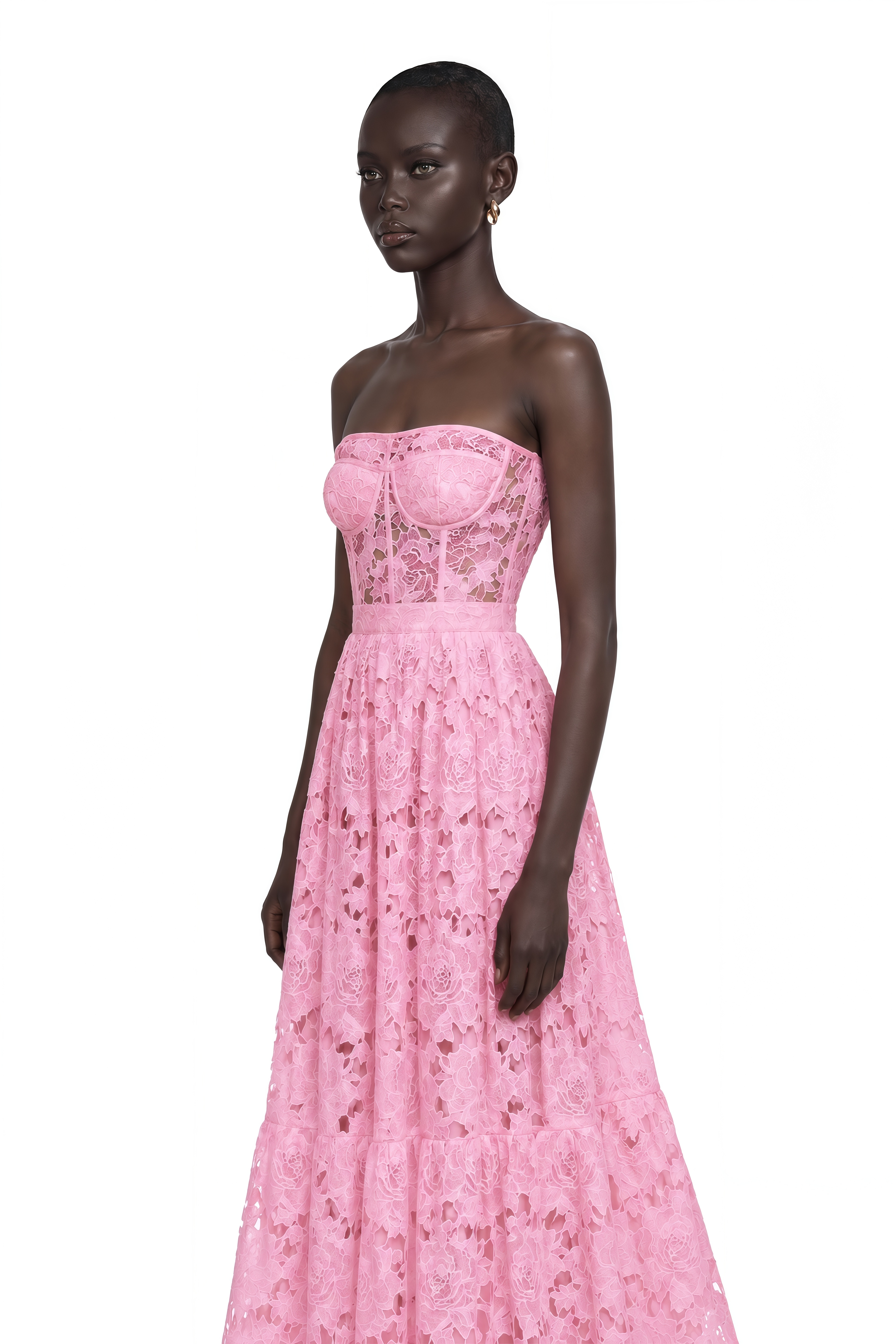 Inès Lace Floral Embroidered Cut-Out Midi Dress in Pink