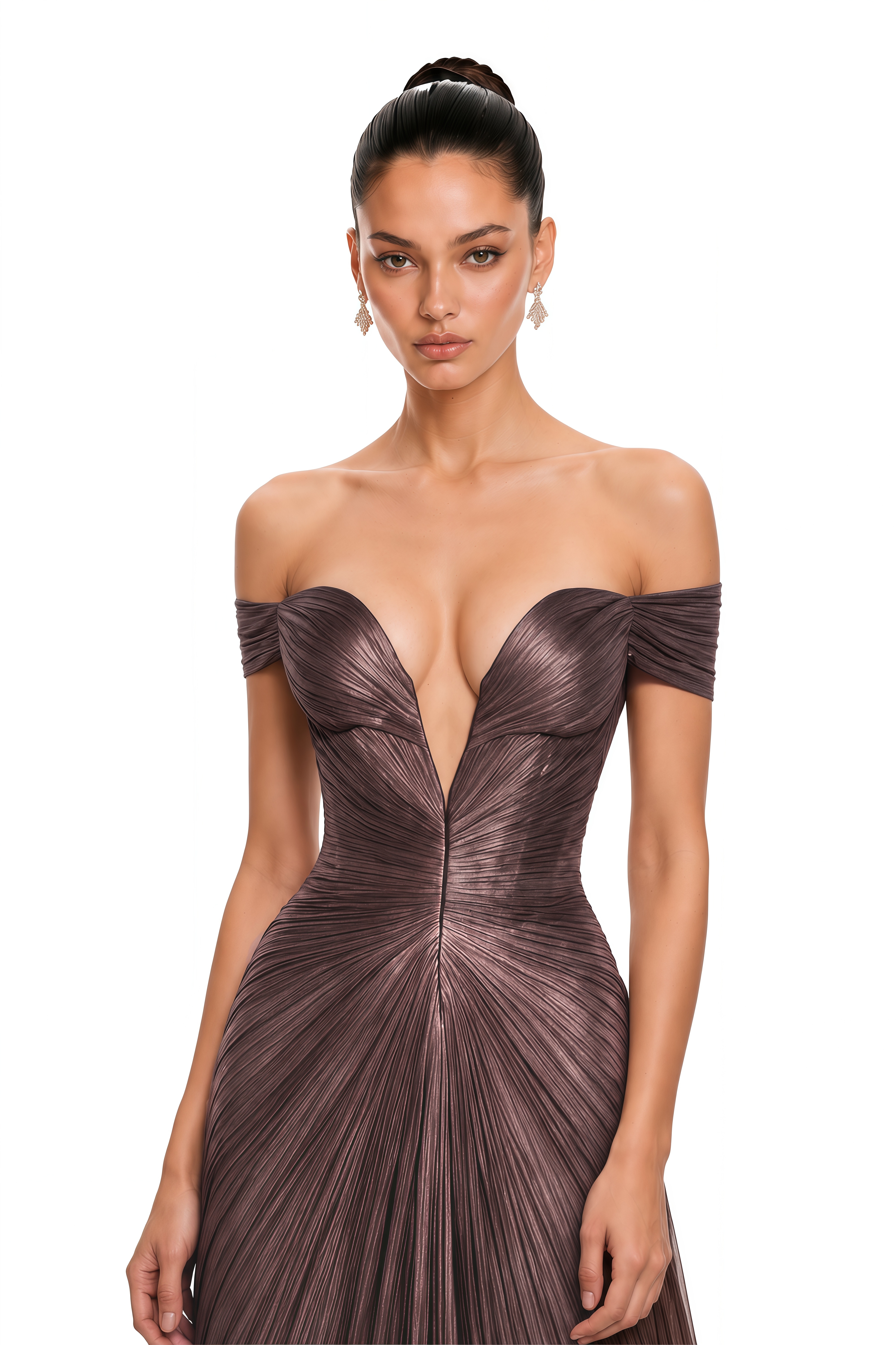 Pérola Bronze Gold Metallic Off Shoulder Maxi Dress