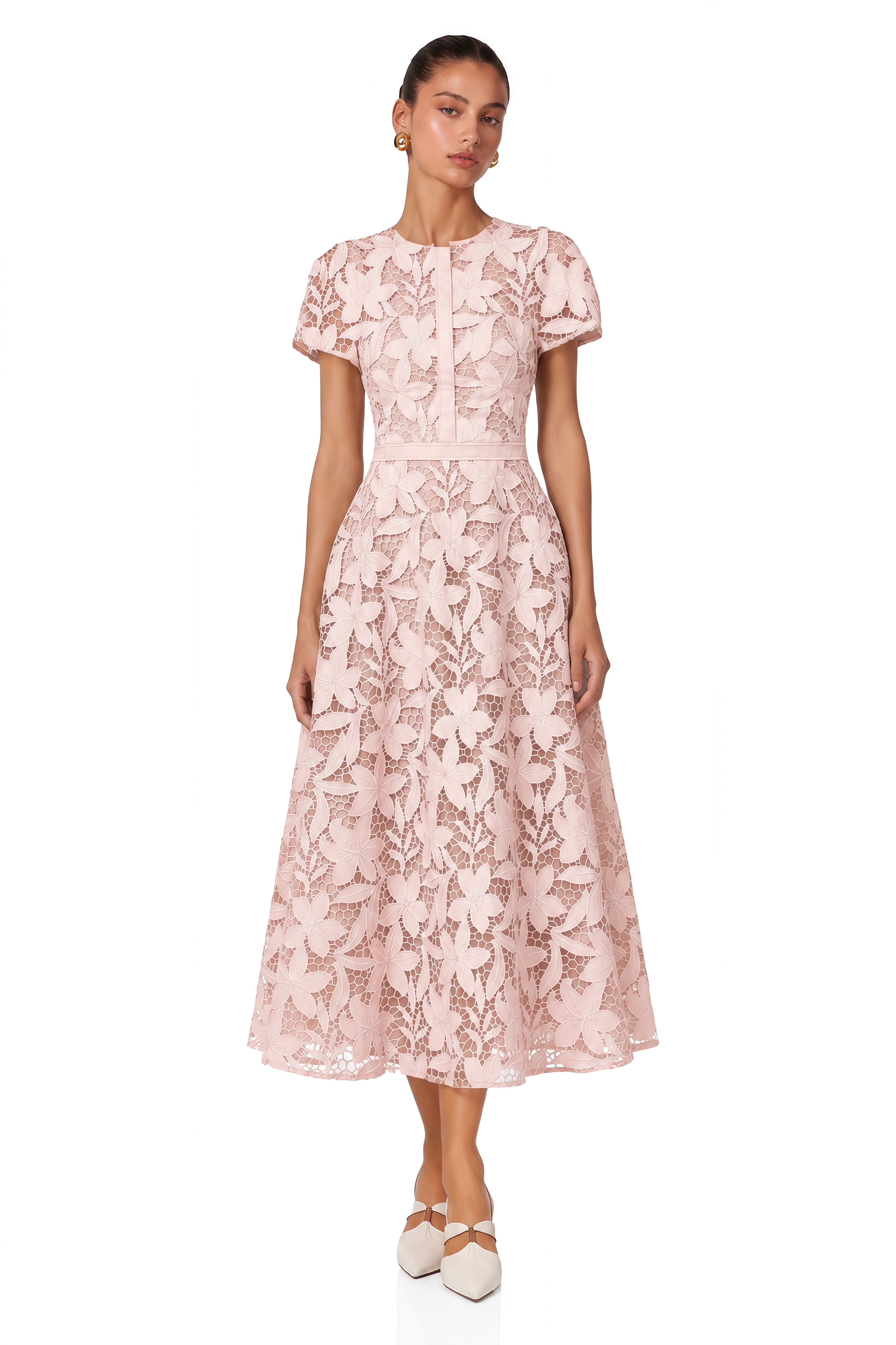 Vérane Pink Guipure-Lace Midi Dress