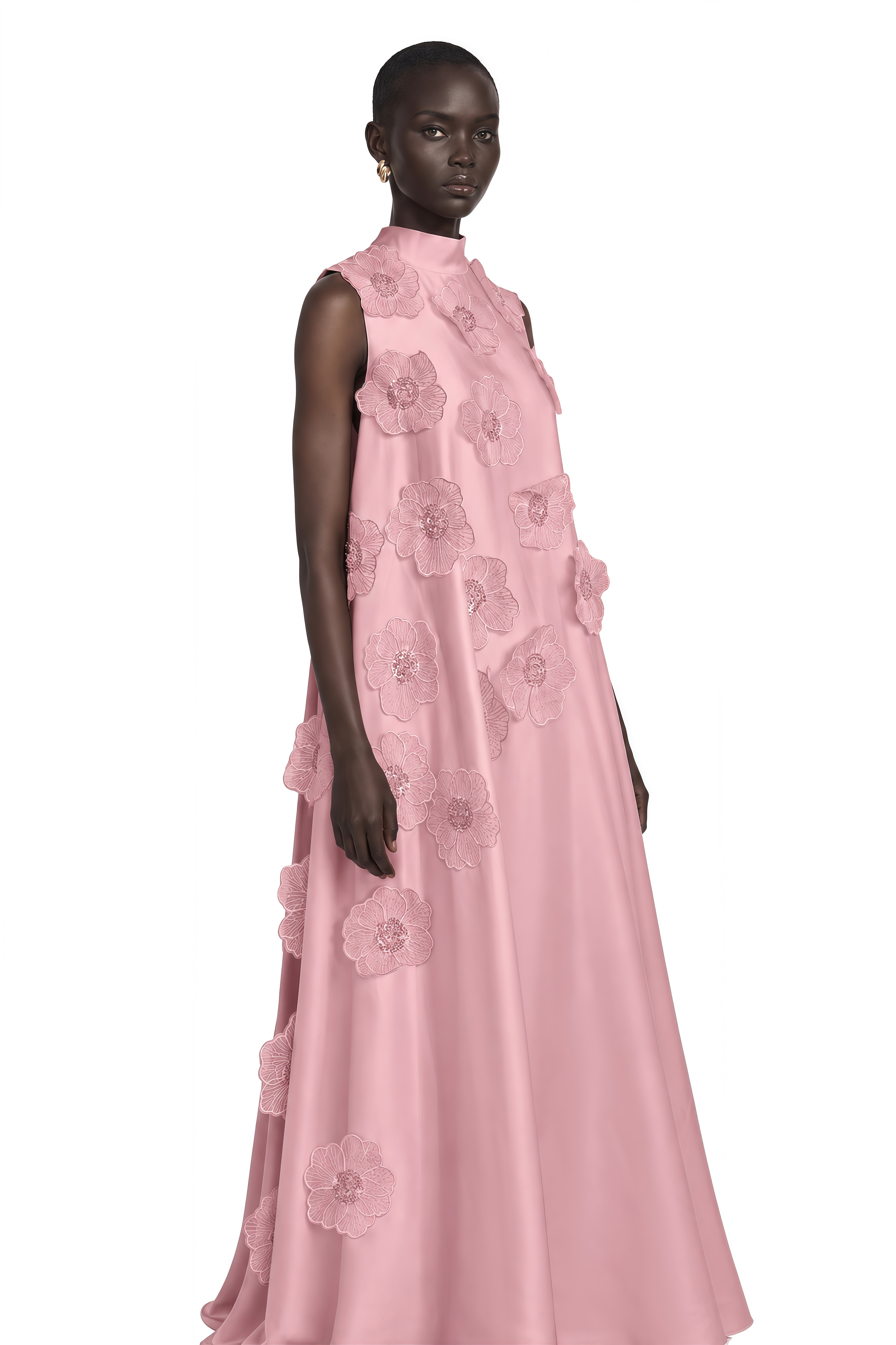 Émilie Sleeveless Floral-Applique Midi Dress in Pink