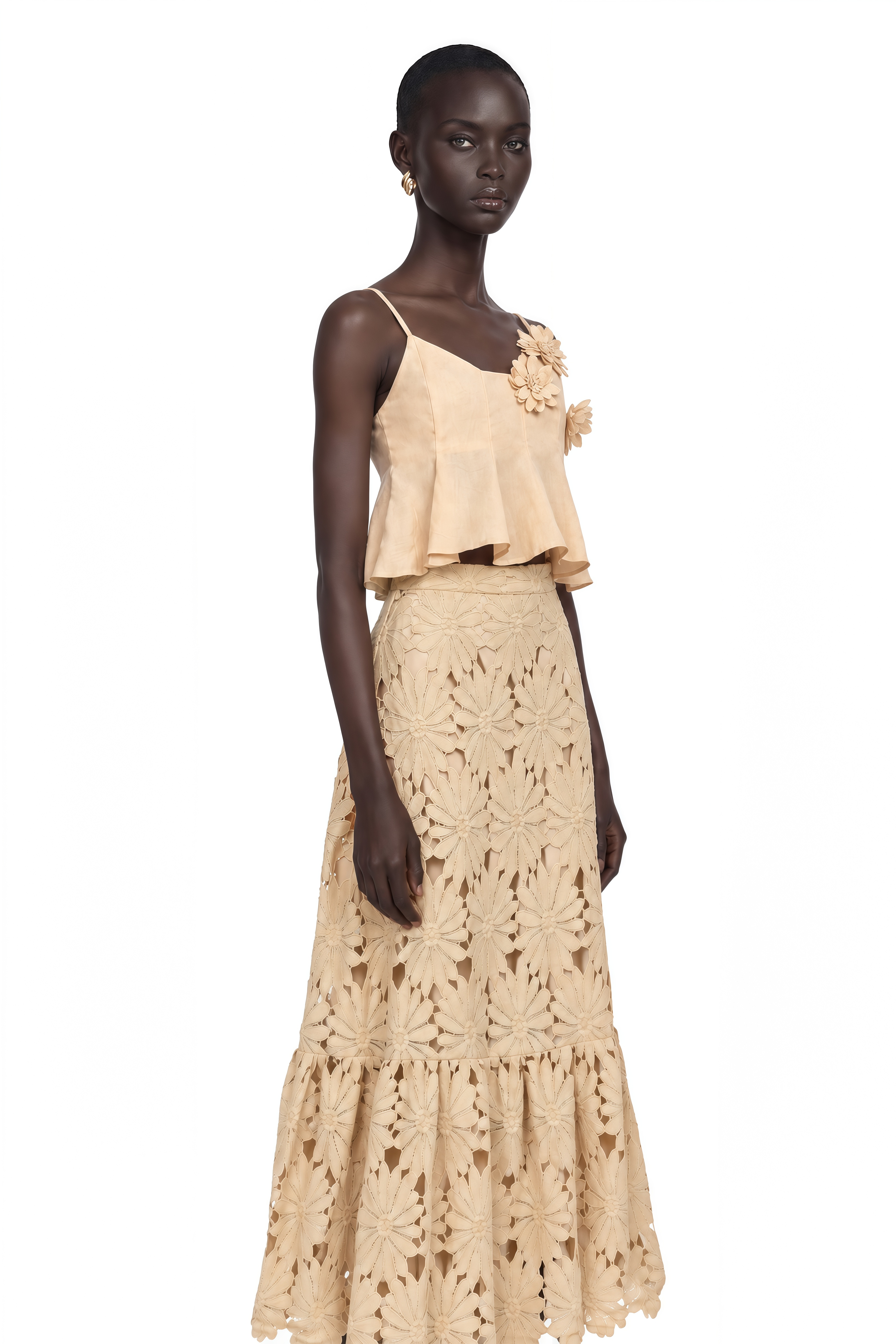 Céline Khaki Cut-Out Flared Top & Skirt Matching Set
