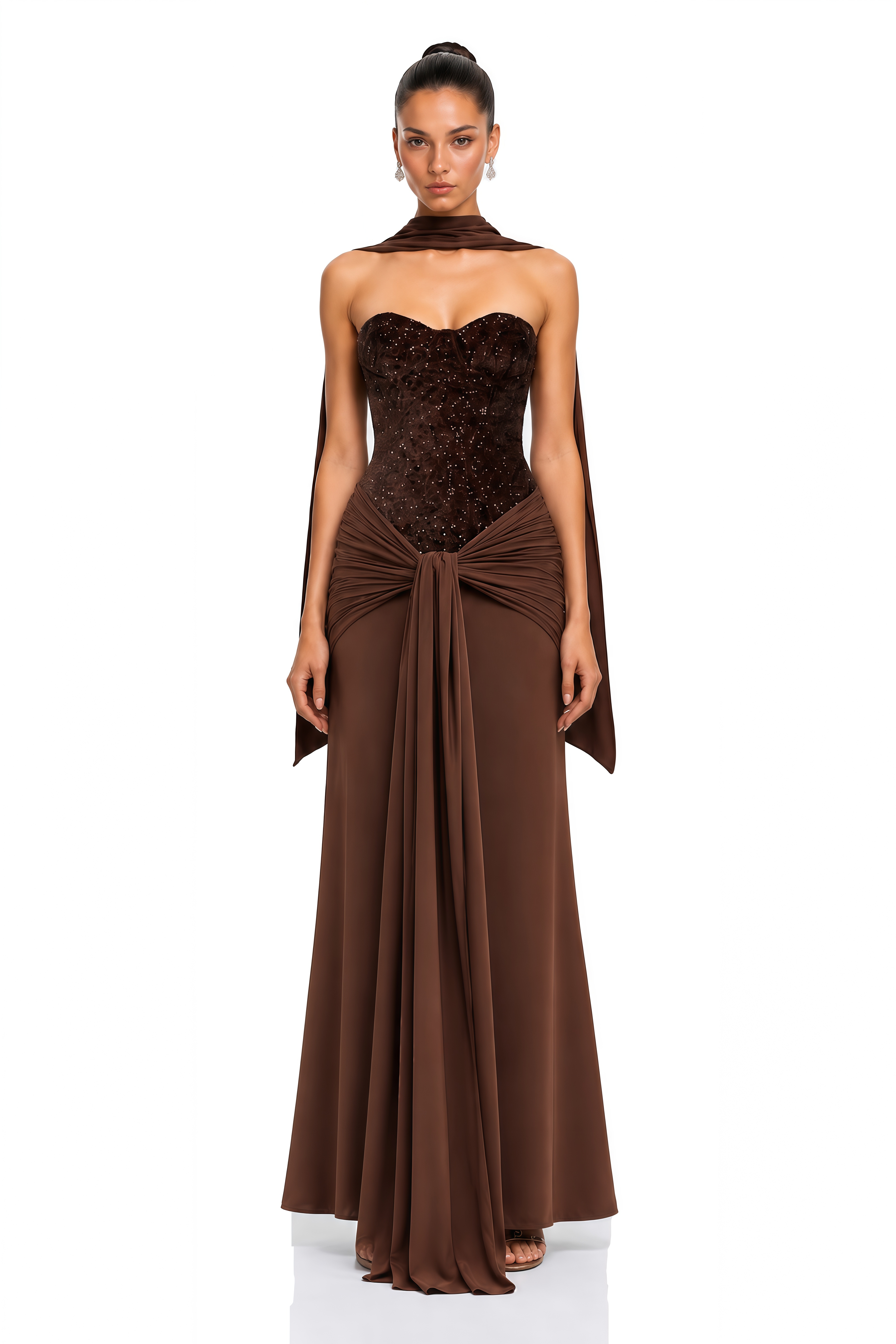 christine brown dress Off Shoulder Draped Maxi dawn fit