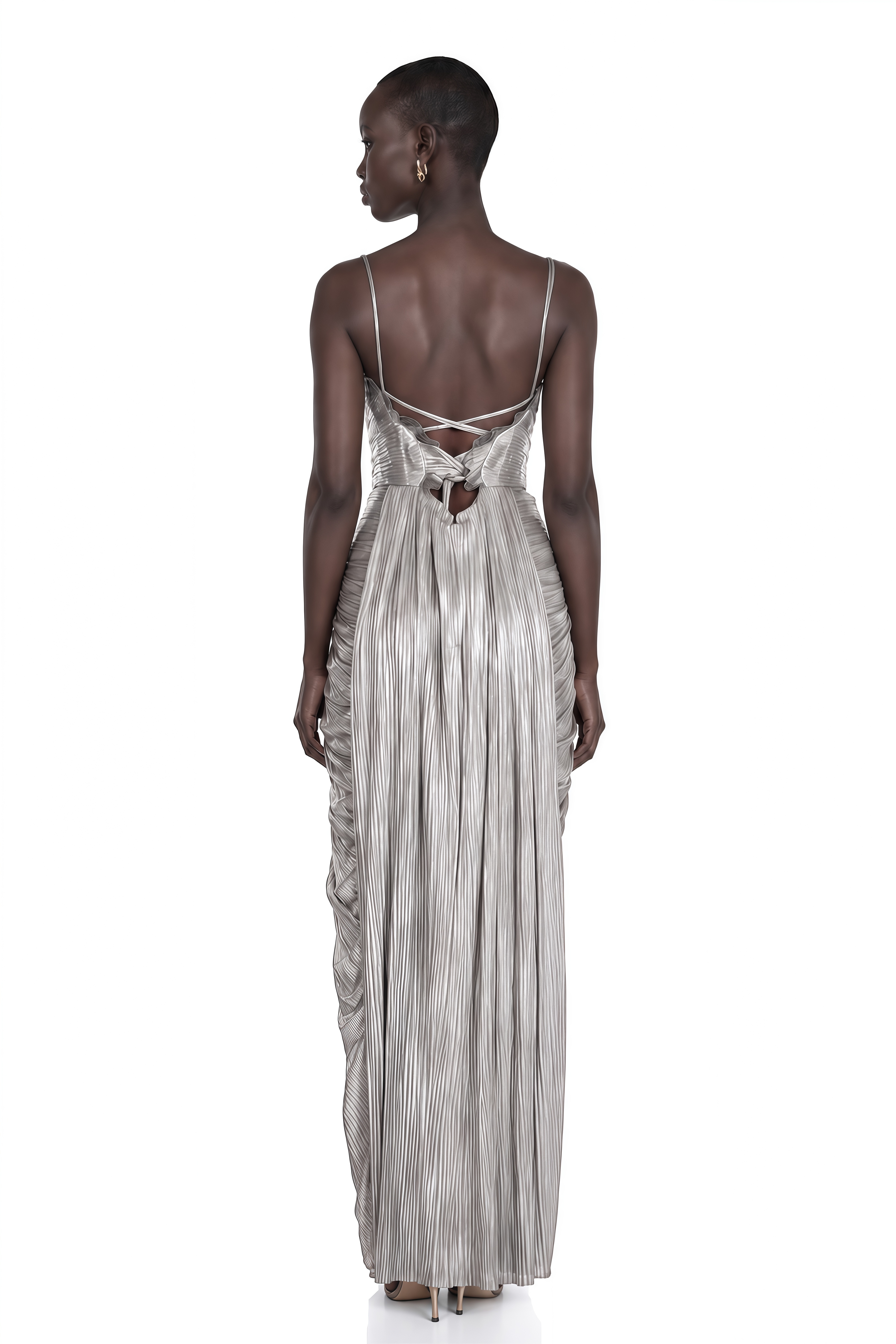 Nicoletta Silver Glossy Pleated Corset Maxi Dress