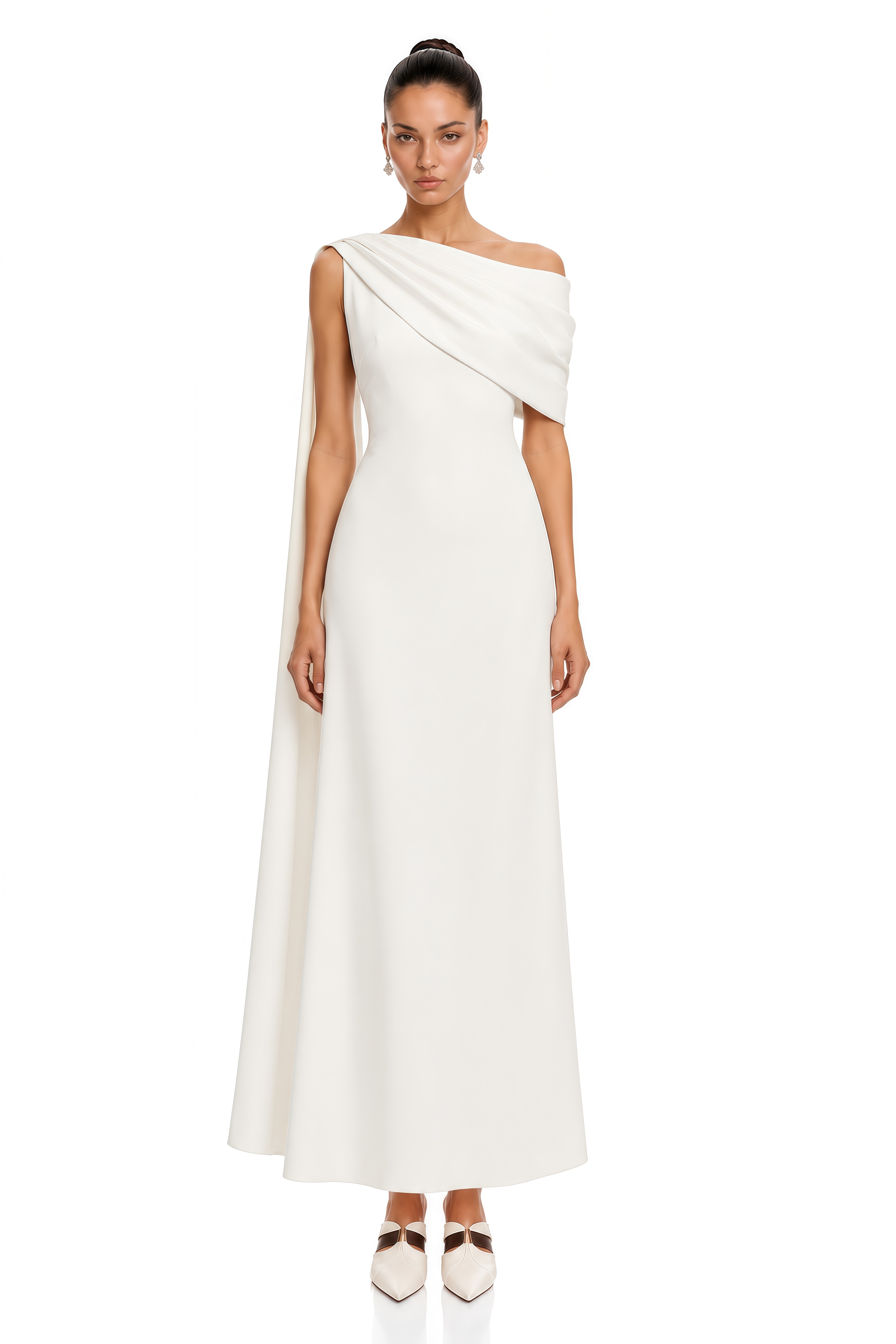 Annabelle White Cape-Design Ribbon Maxi Dress