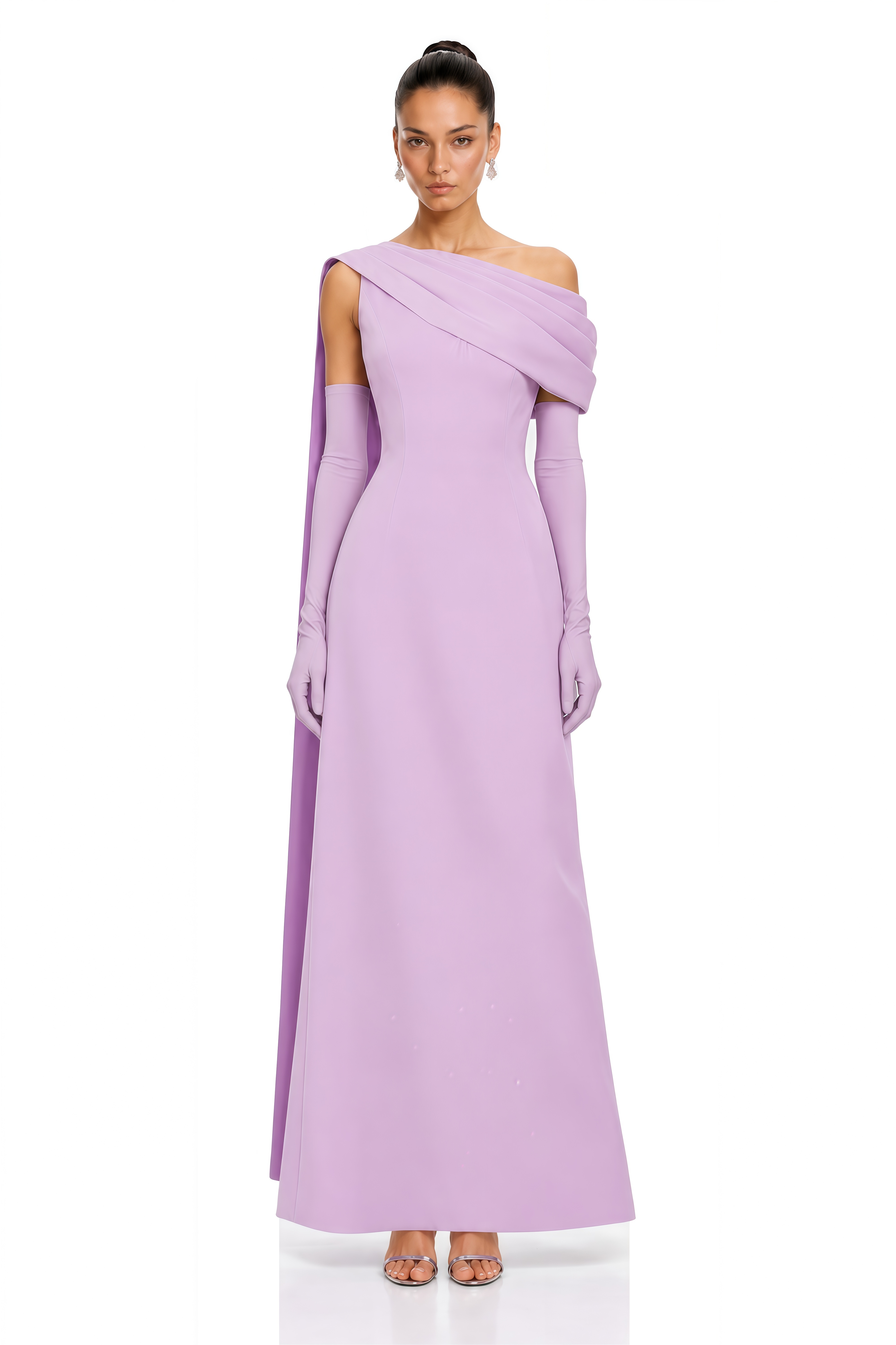 Annabelle Purple Cape-Design Ribbon Maxi Dress (Without Gloves)