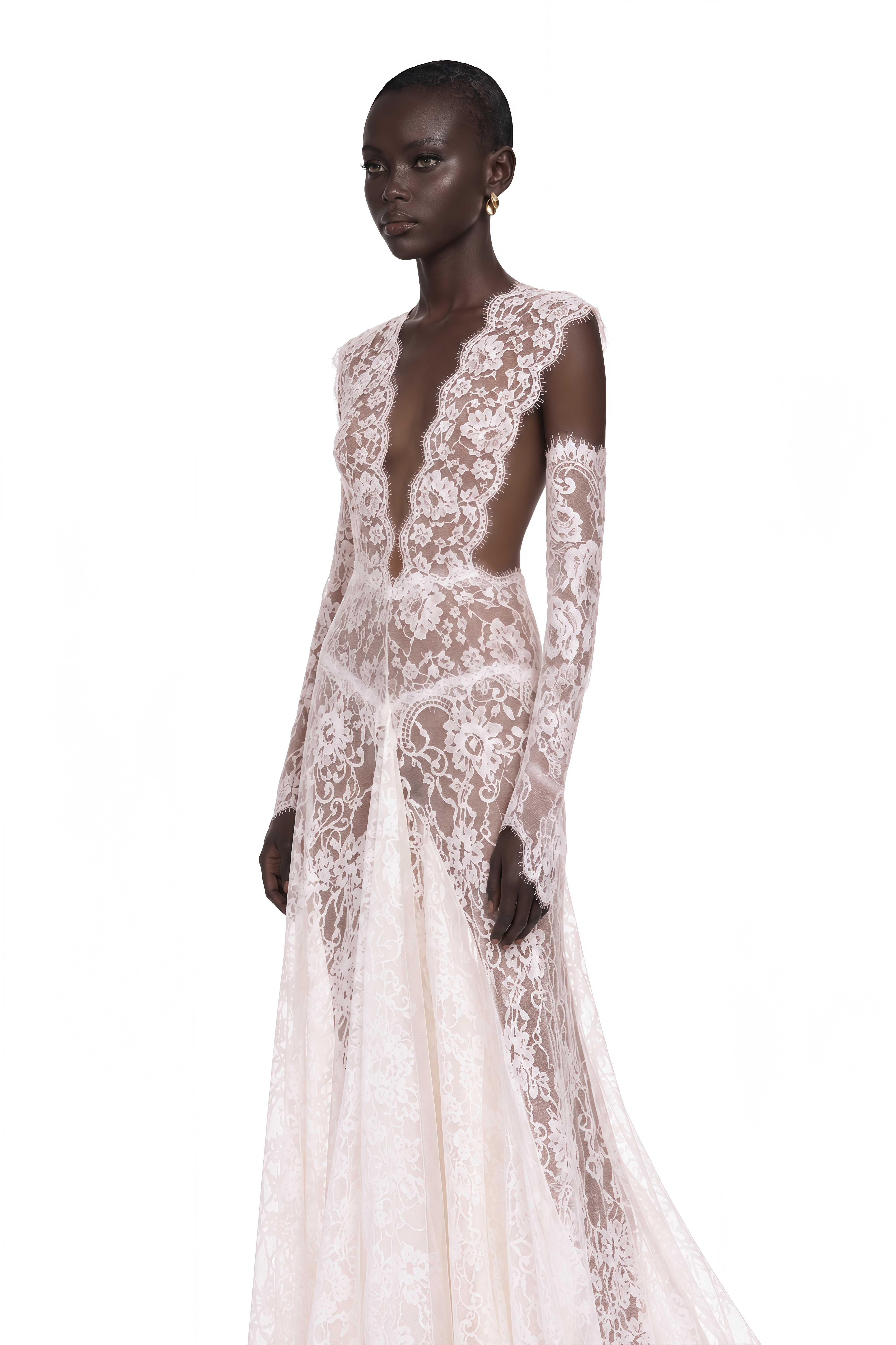 Hanna White Sheer Lace Maxi Dress with Deep V-Neck (Without Gloves)