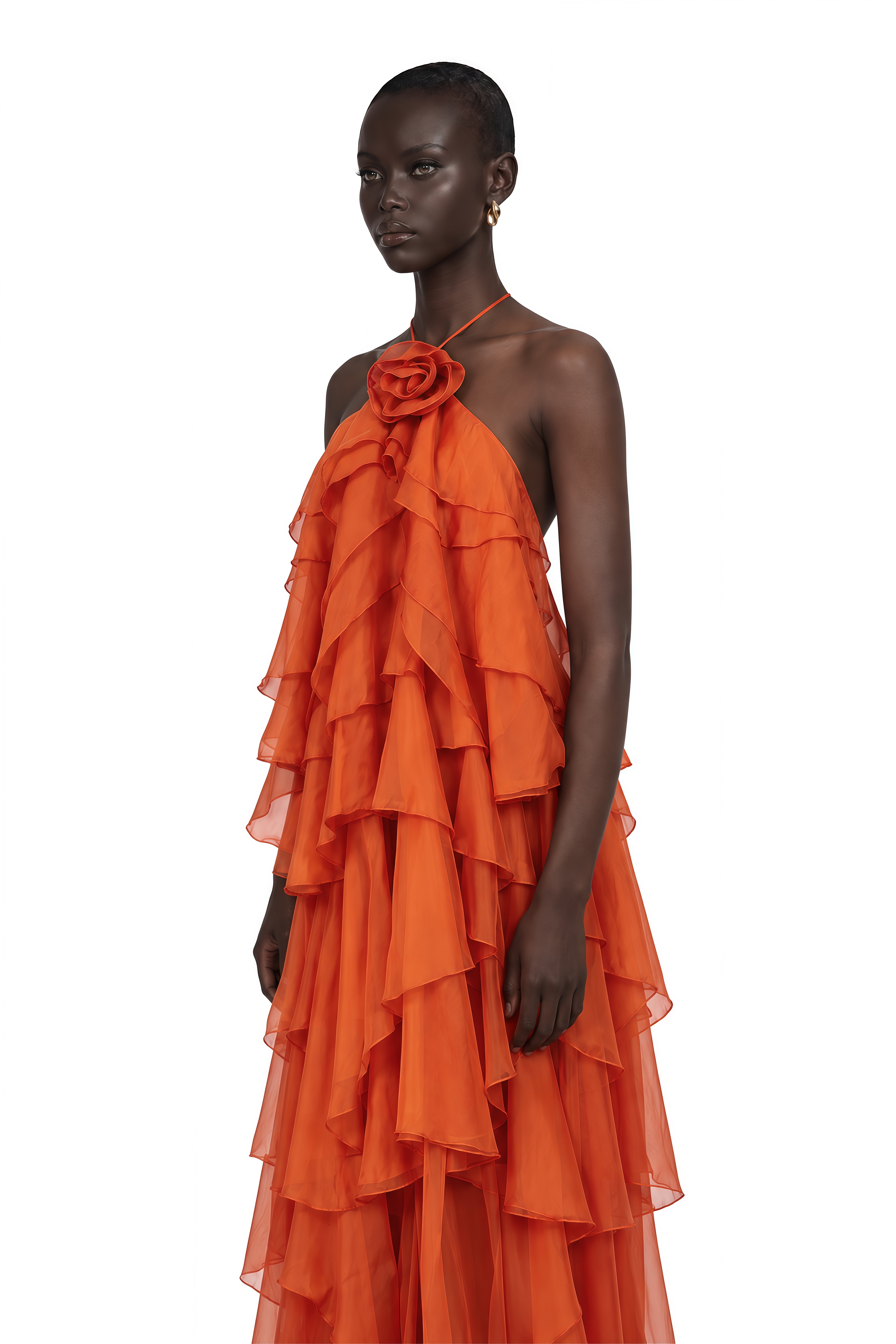 Carrie Orange Halterneck Flounced Maxi Dress