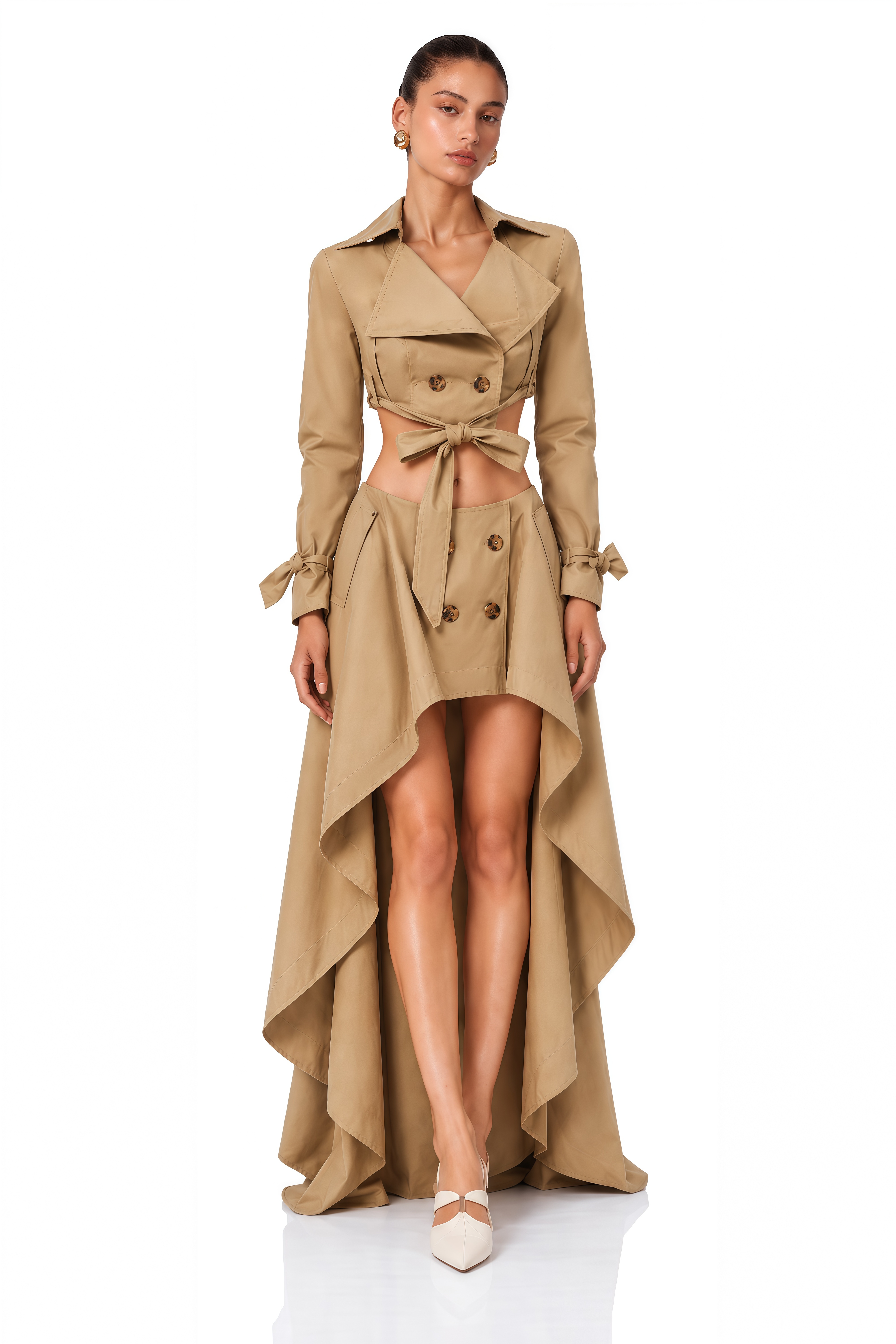 Maelle Khaki Cropped Trench Jacket & Skirt Matching Set
