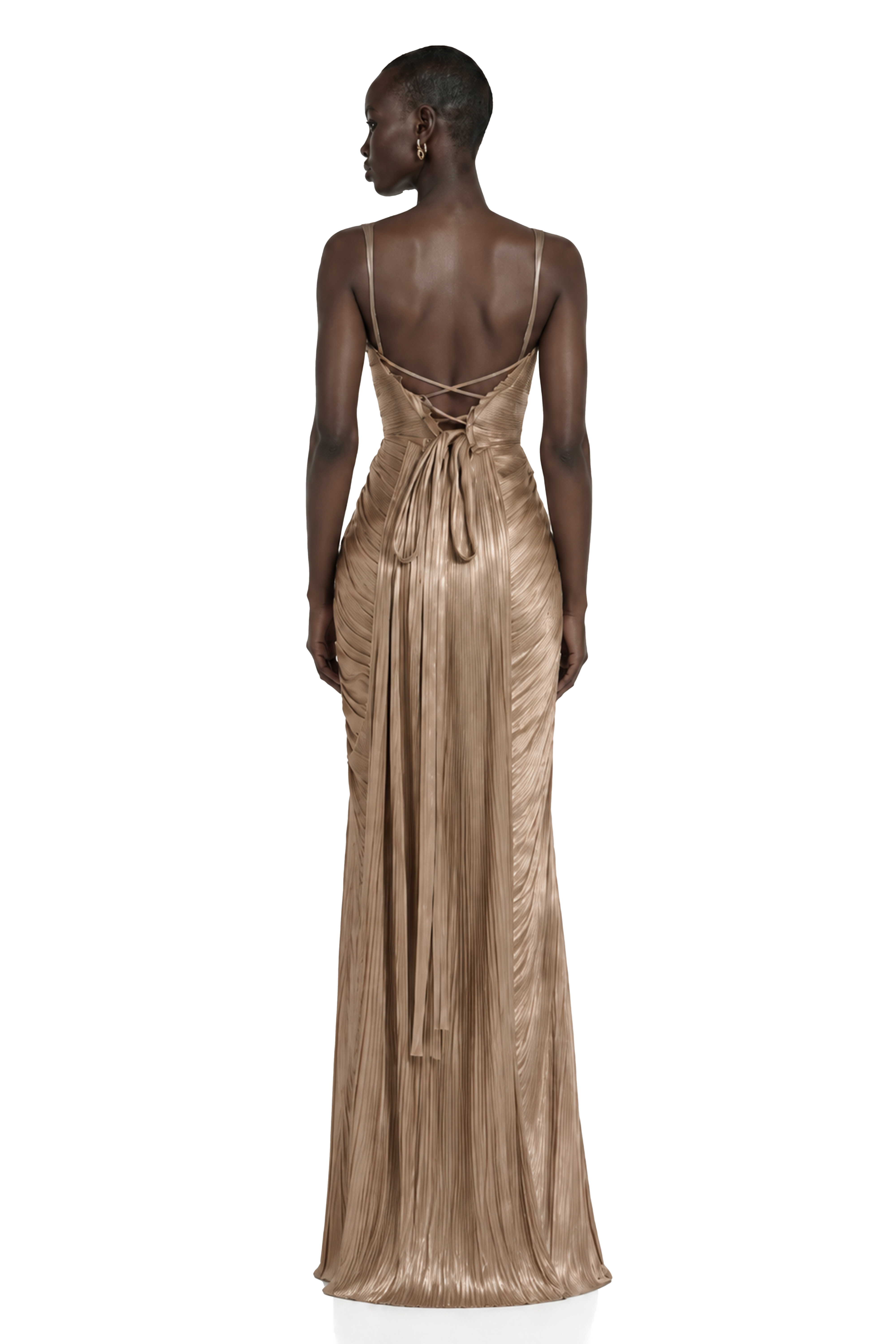 Nicoletta Gold Glossy Pleated Corset Maxi Dress
