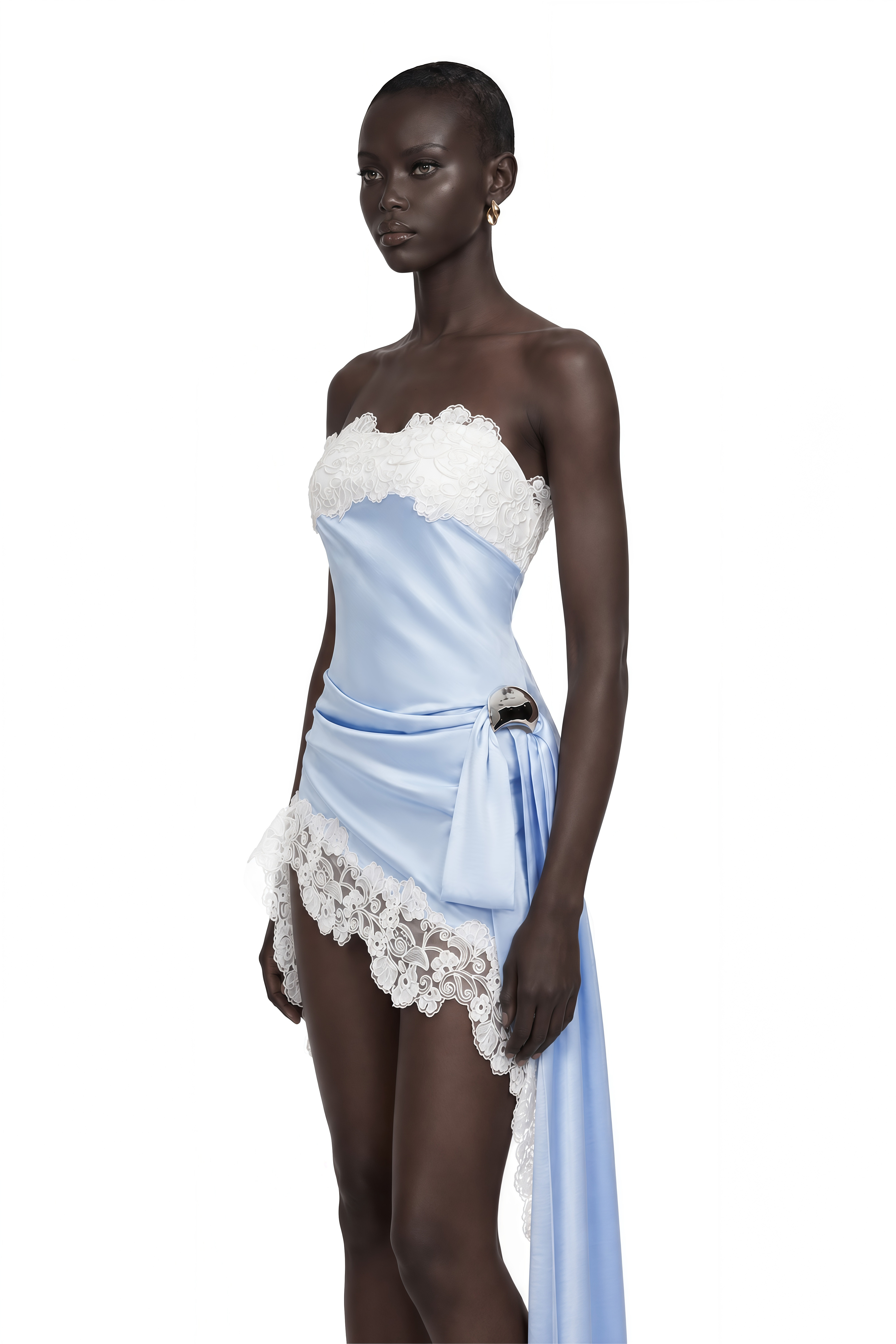Lola Blue Off Shoulder Asymmetrical Maxi Dress with Lace Trim