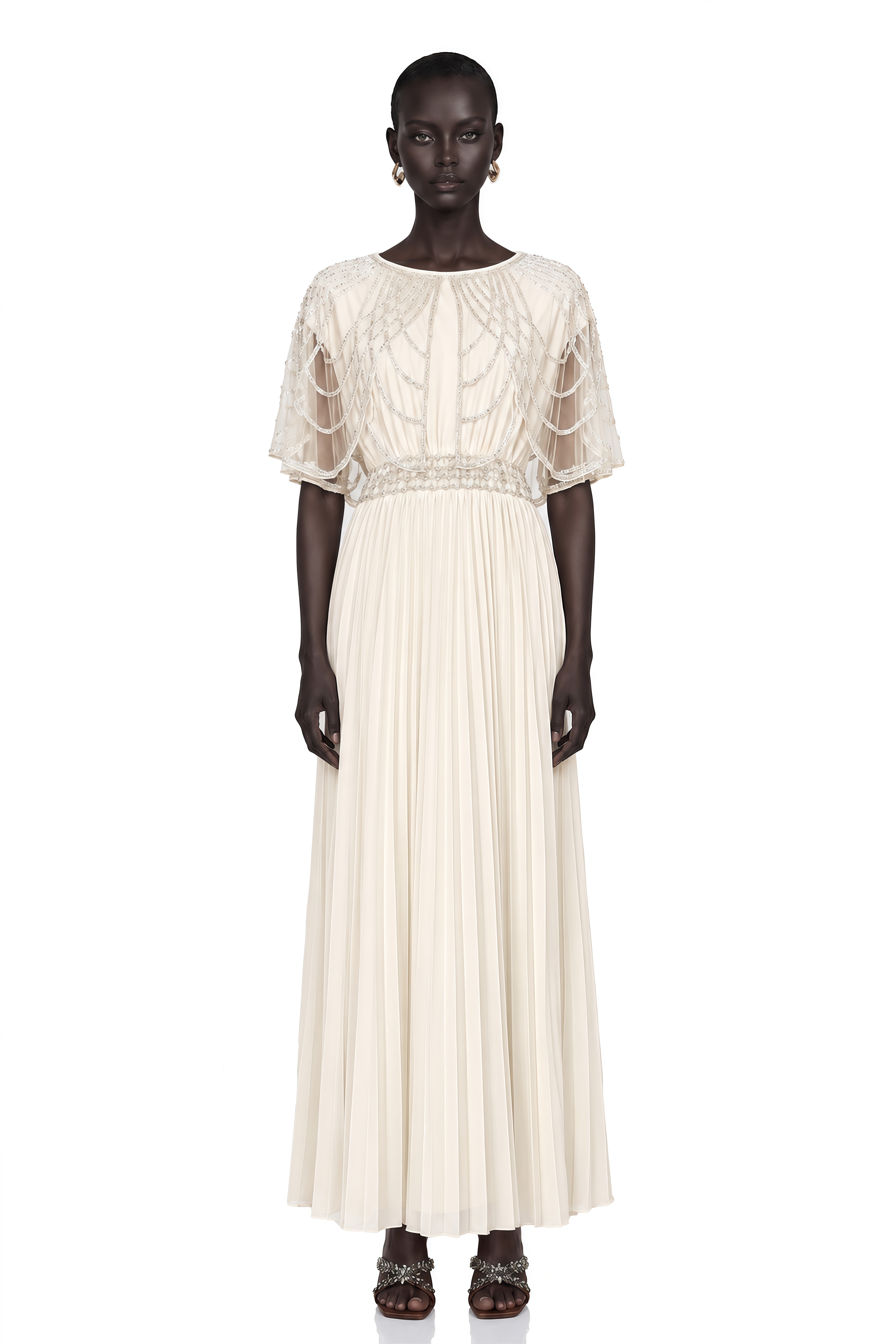 Xénia White Crystal-Embellished Pleated Maxi Dress