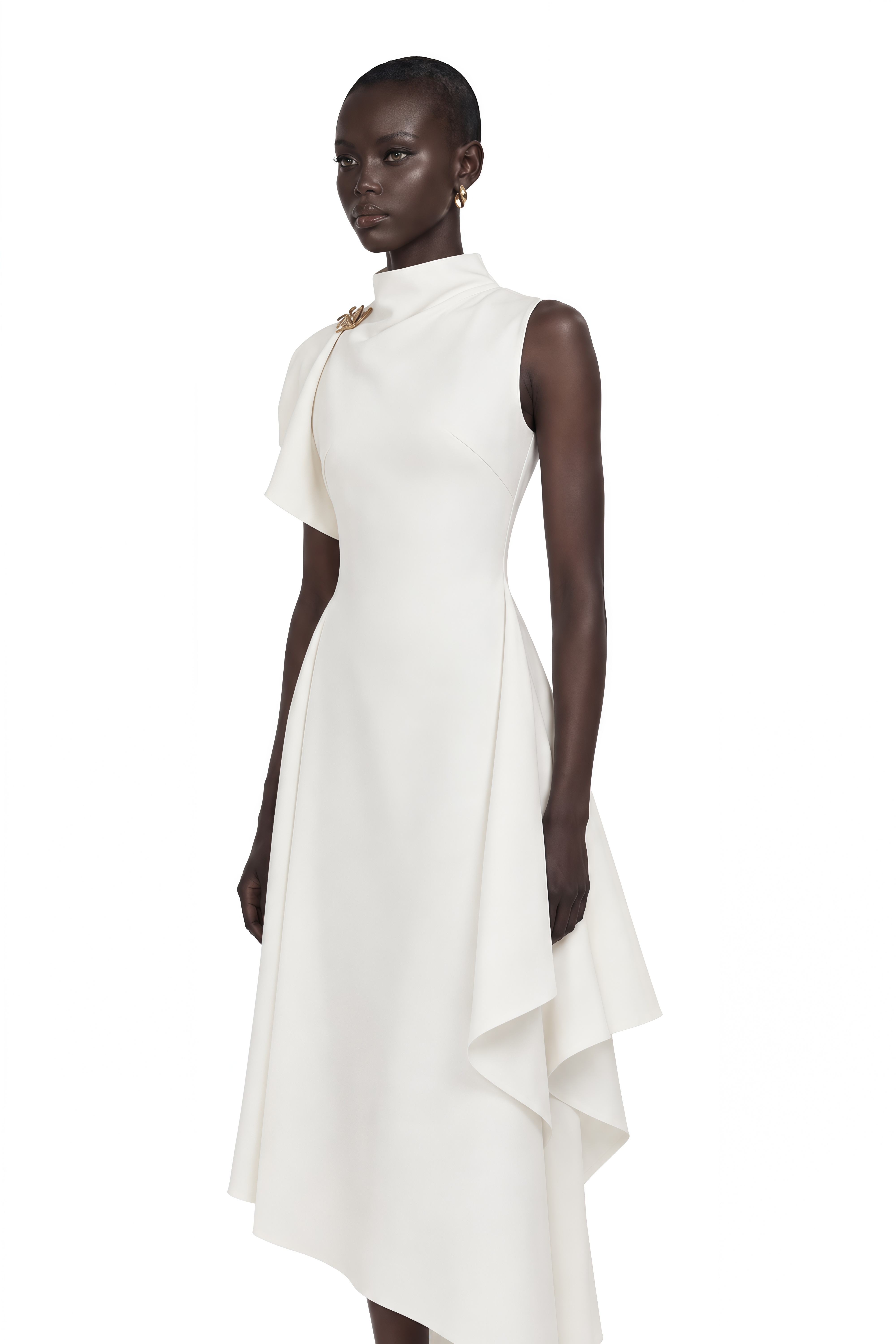 Liana White Asymmetrical Flared Midi Dress