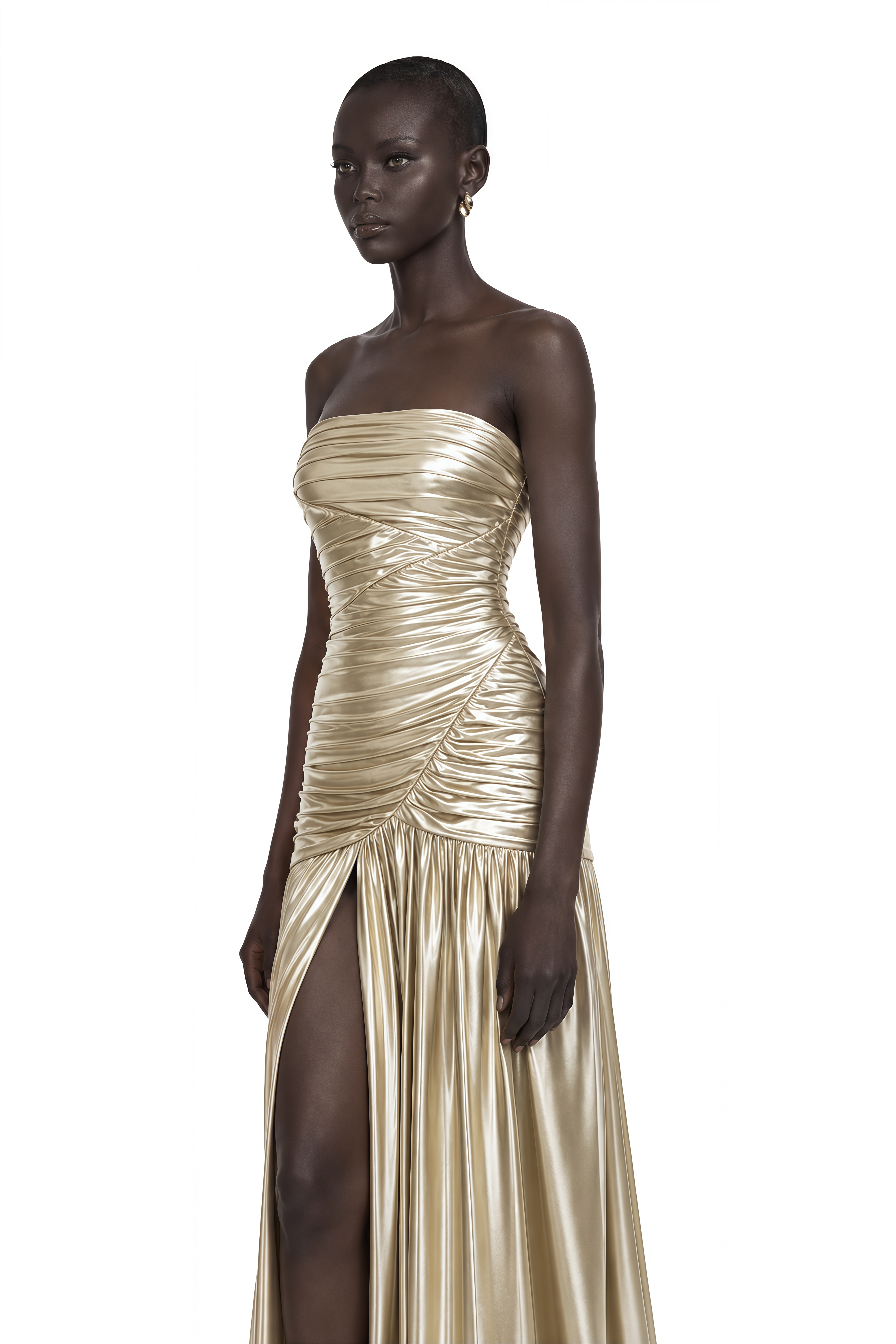 Jamila Champagne Ruched Glossy Maxi Dress with High Slit