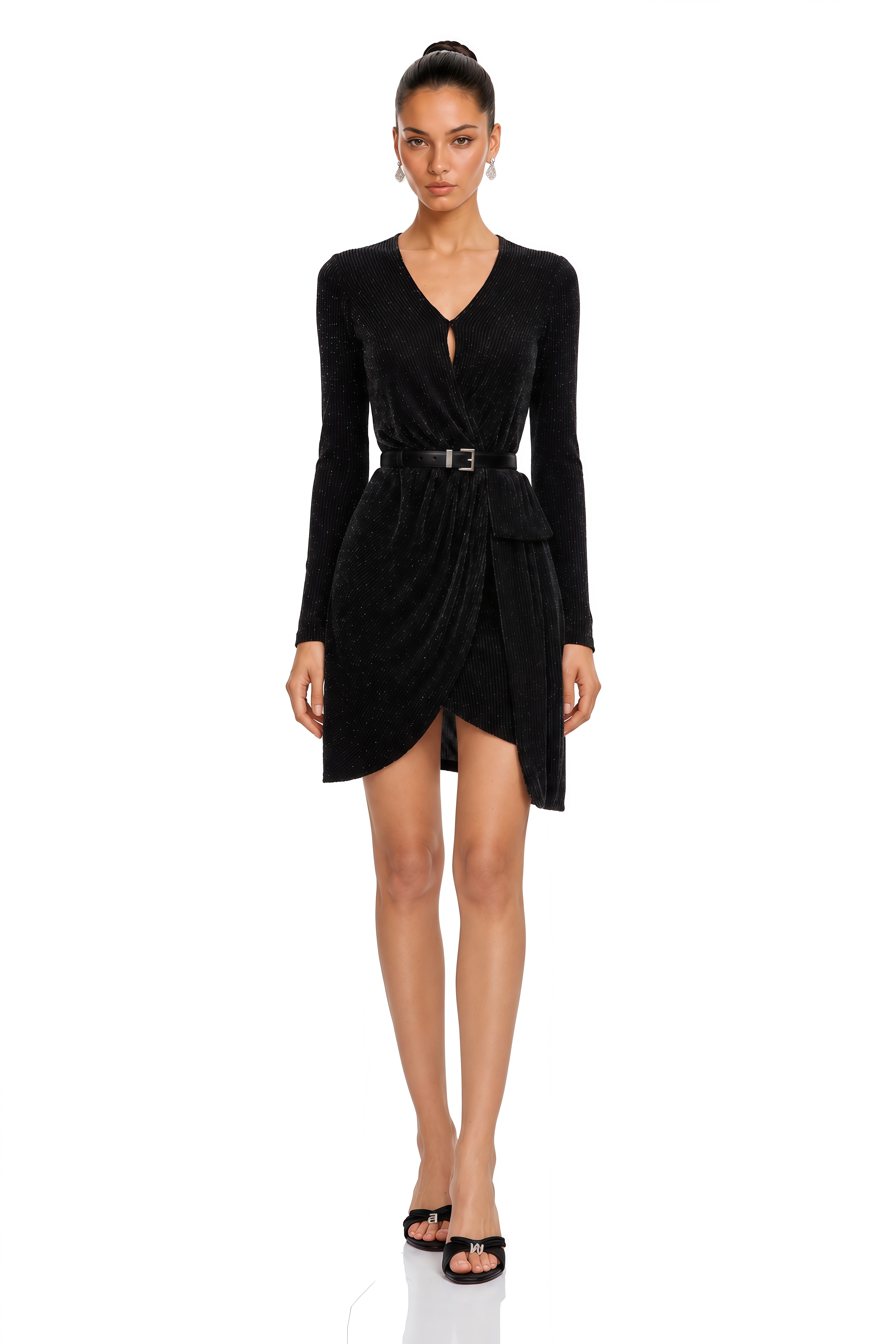 Betsy Black Asymmetrical Gathered Wrap Mini Dress
