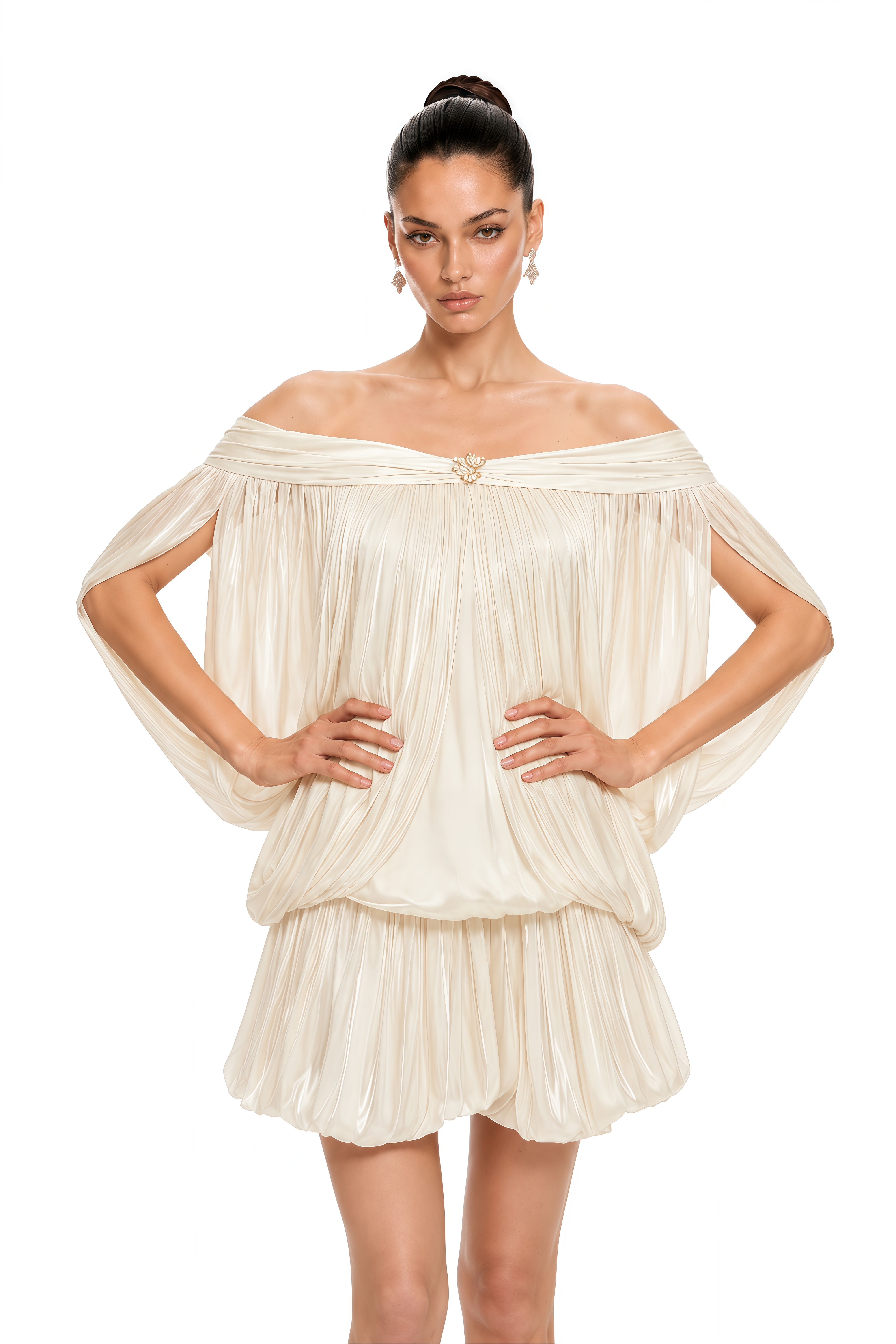 Shayla Neutral Asymmetrical Shirred Glossy Mini Dress