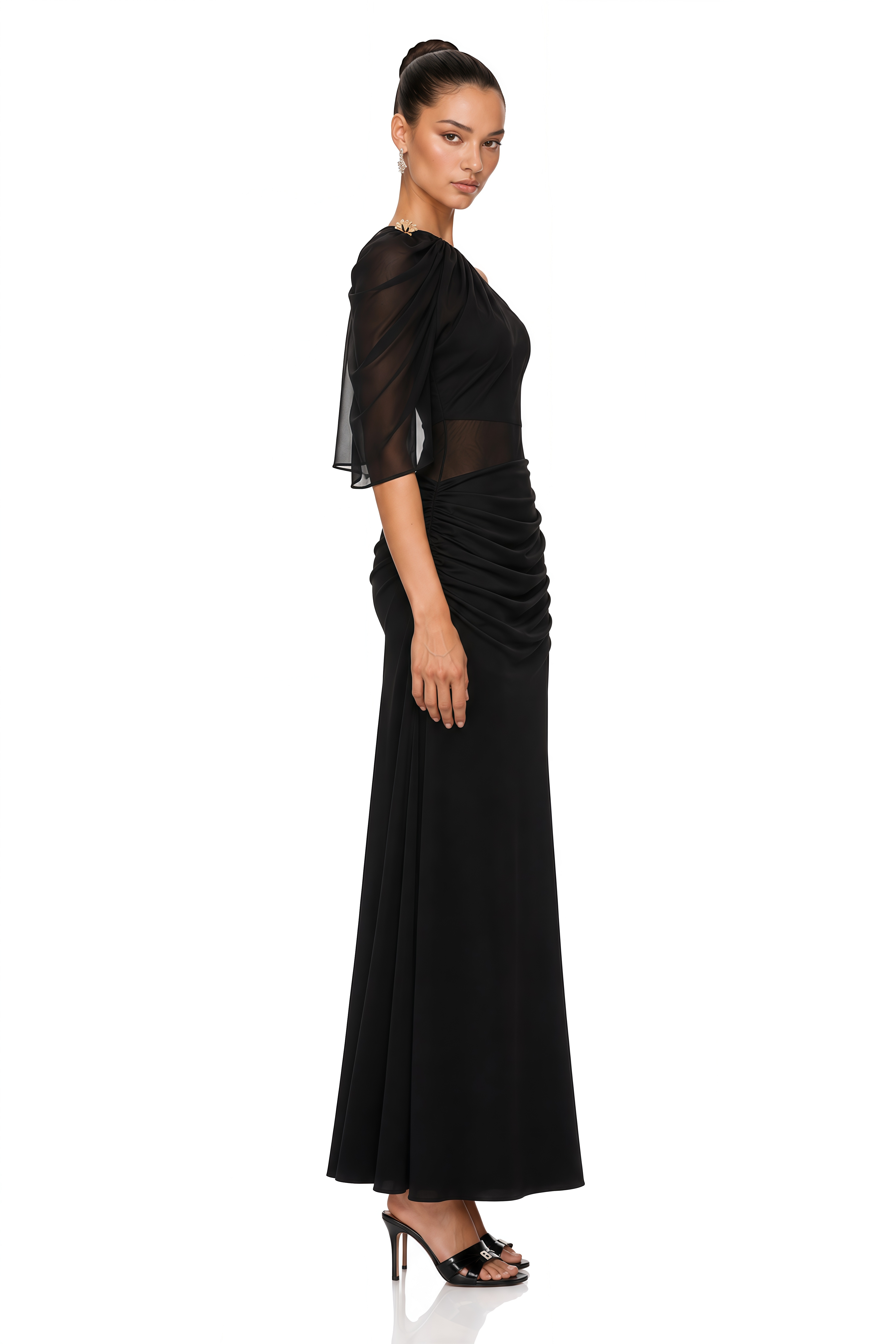 Calypso Black Asymmetrical Ruched Top & Skirt Set