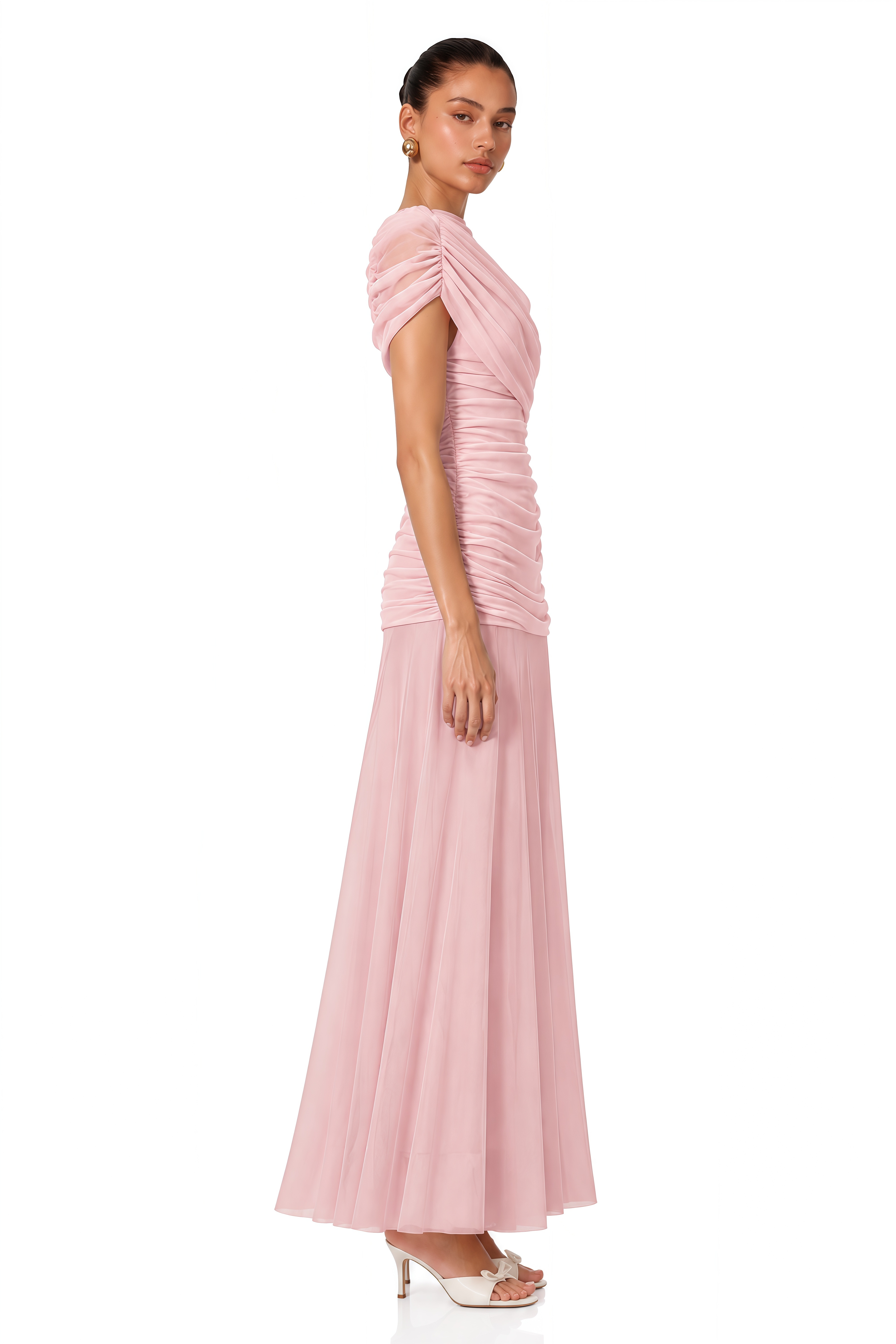 Rosalyn Pink Crew Neck Ruched Maxi Dress