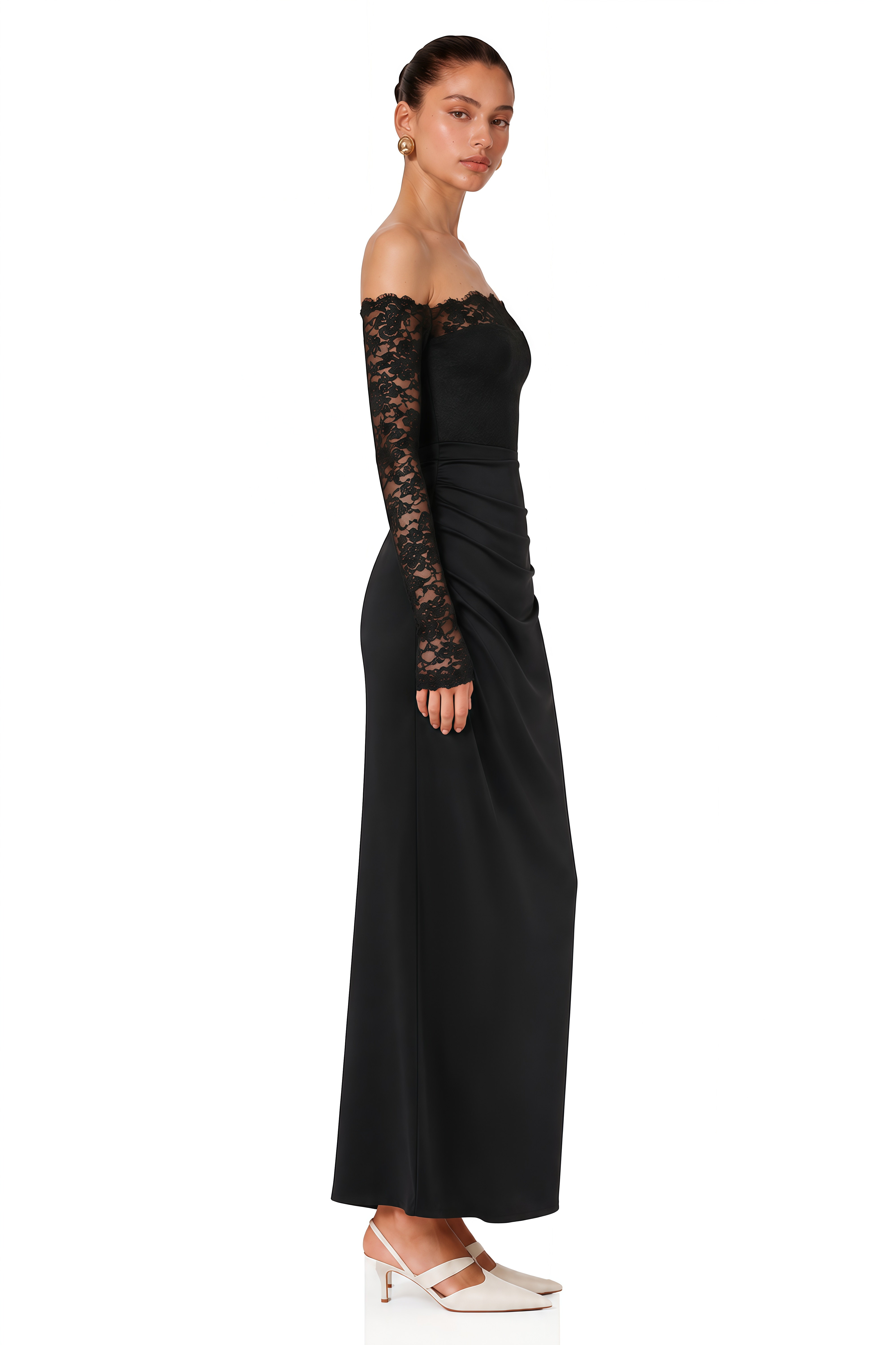 Nephele Black Off Shoulder Floral Lace Maxi Dress