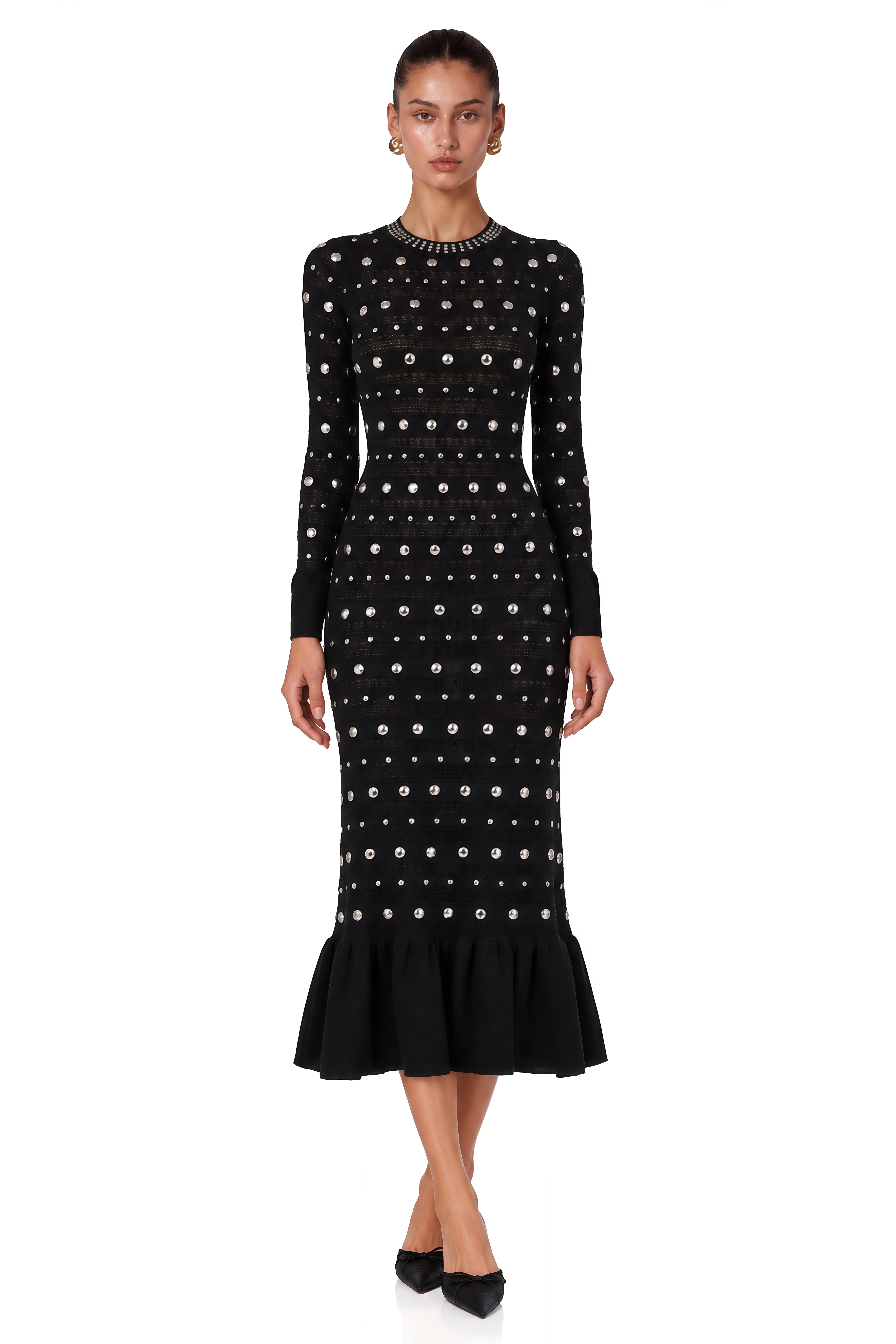 Chloé Black Long Sleeve Studded Crochet Knit Midi dress