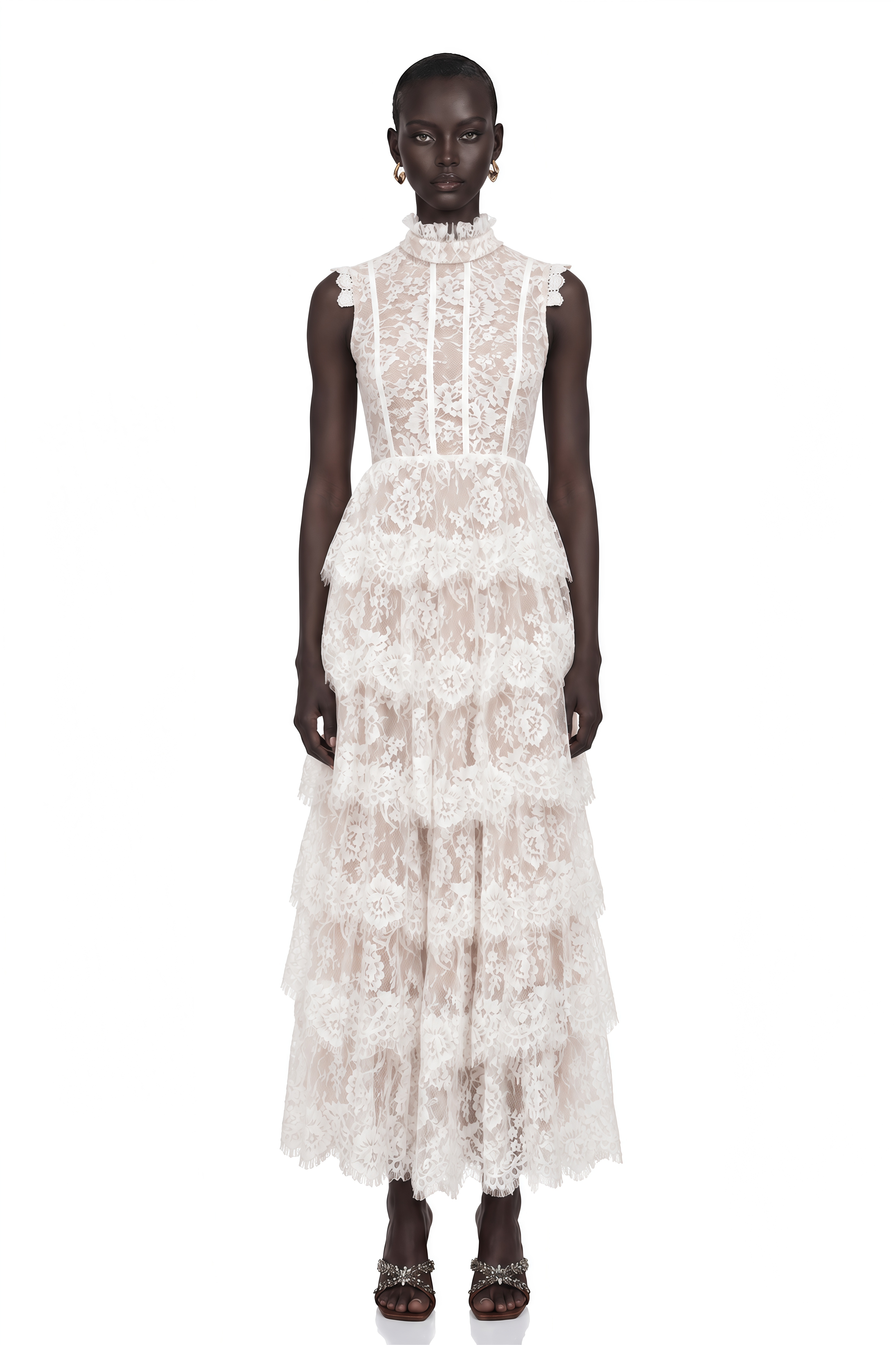 Thérèse White Embellished Floral Lace Tiered Maxi Dress