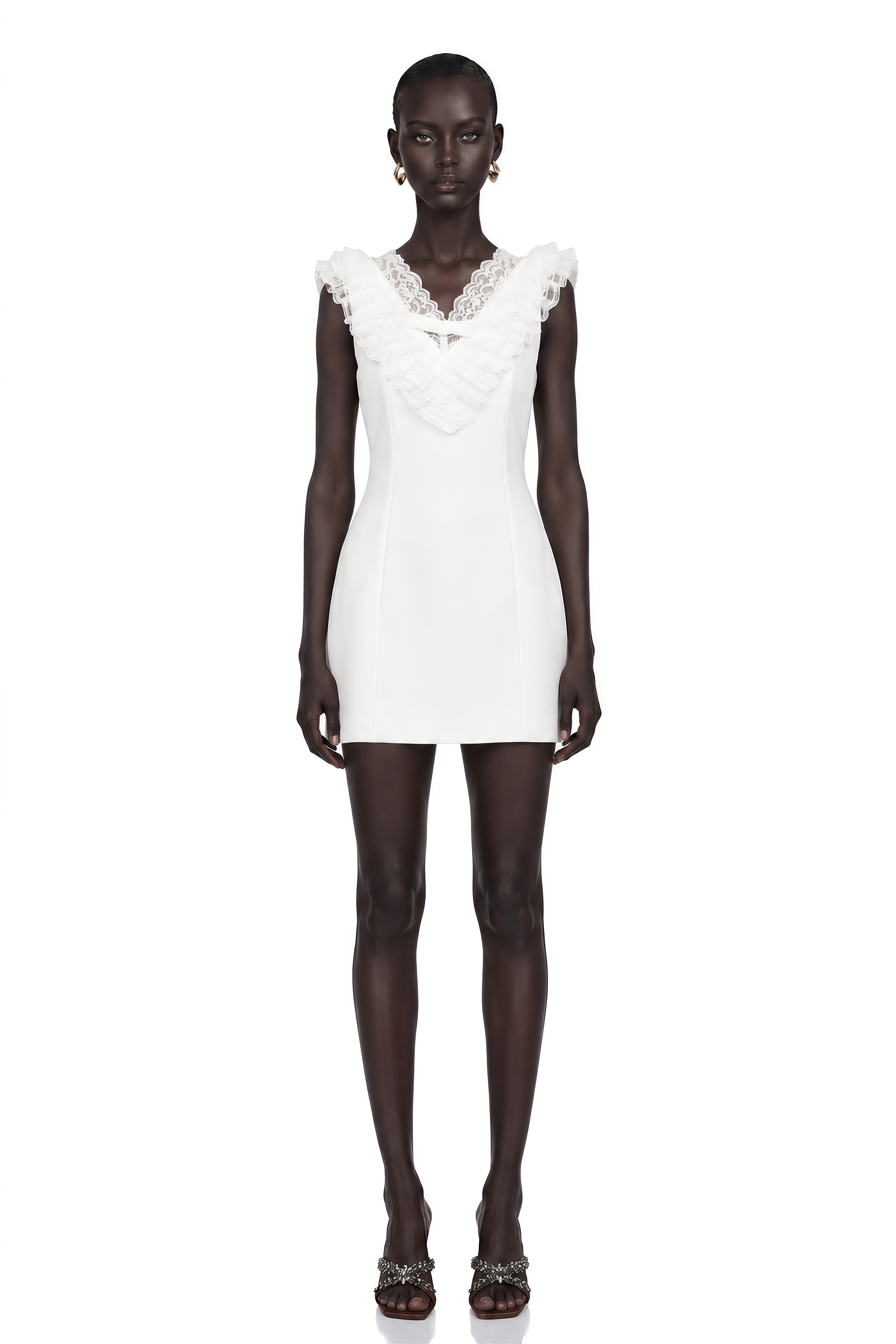 Elisabeth White V-Neck Mini Dress with Lace Panels