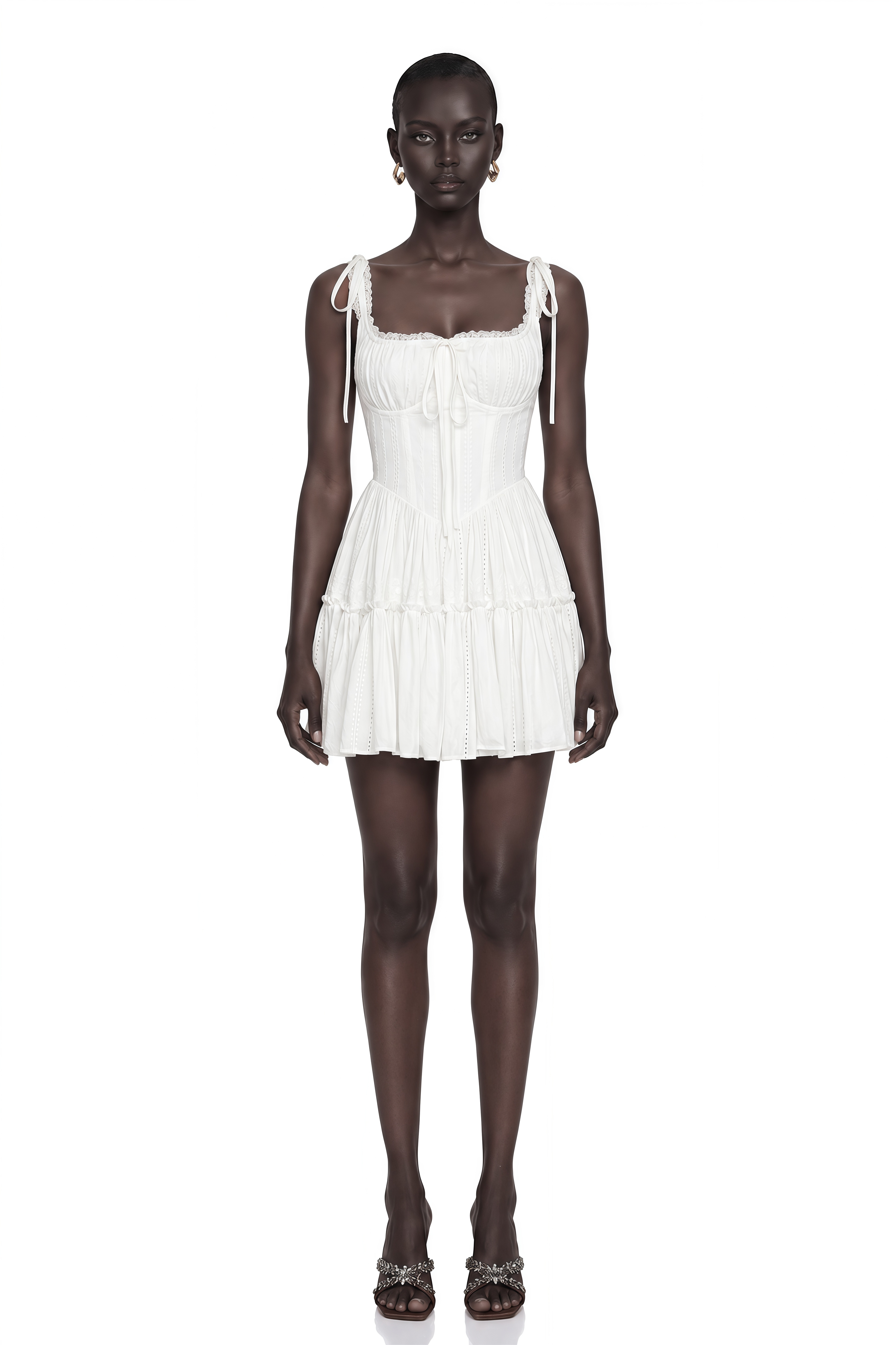 Lente White Ruffled Lace Mini Dress