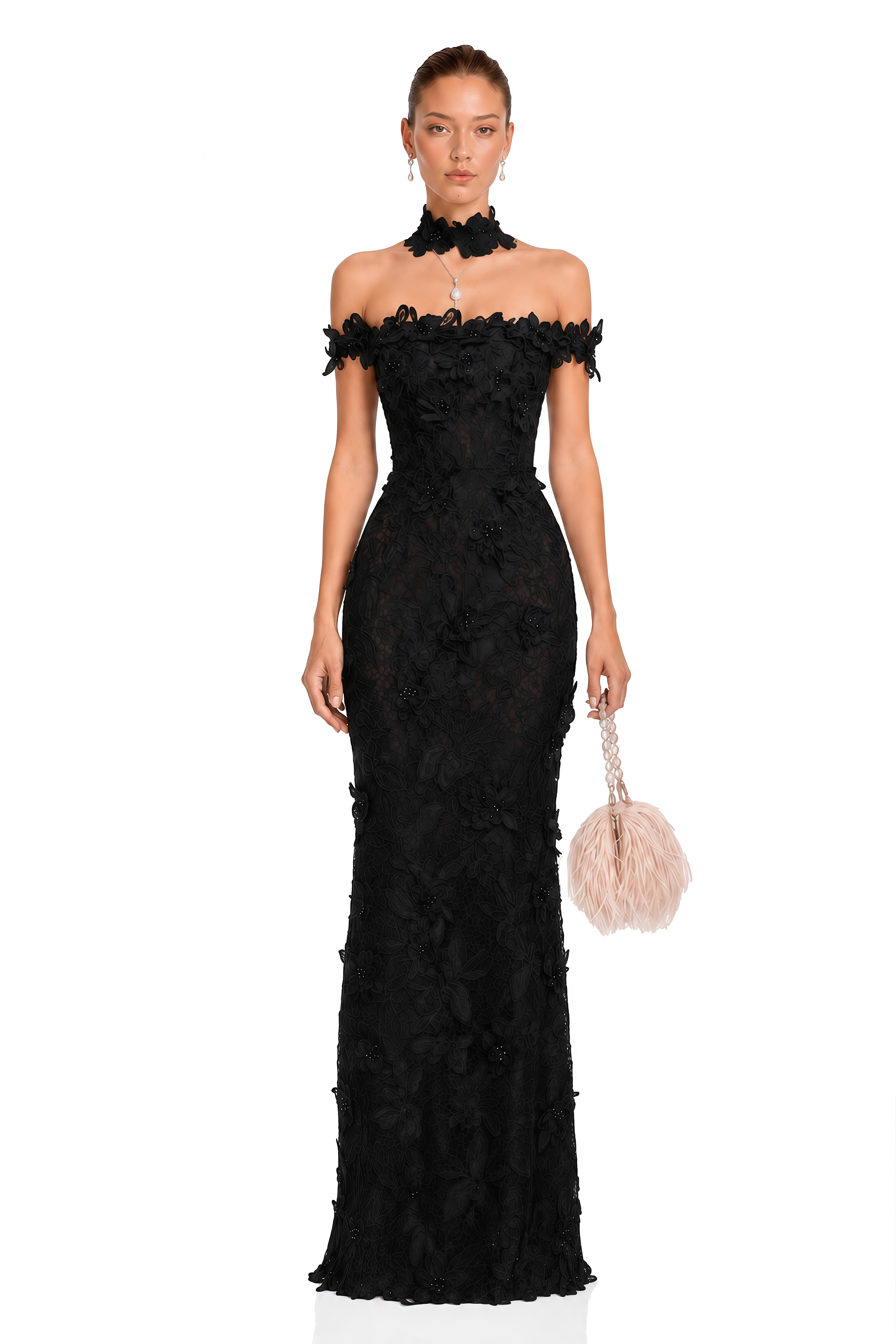 Hecate Black Beaded Lace Maxi Dress with 3D Florals