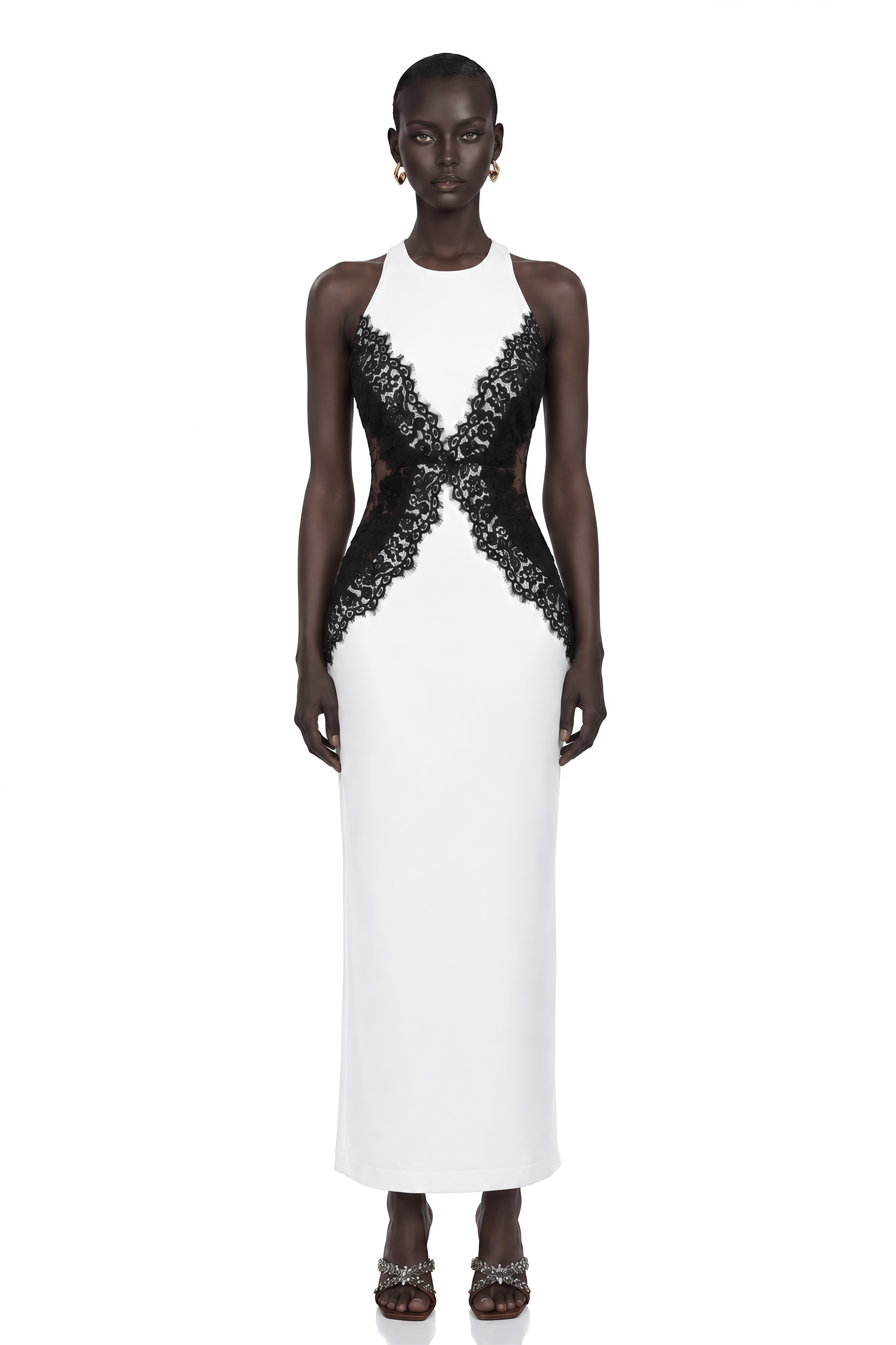 Ilaria White Halterneck Lace Panel Maxi Dress