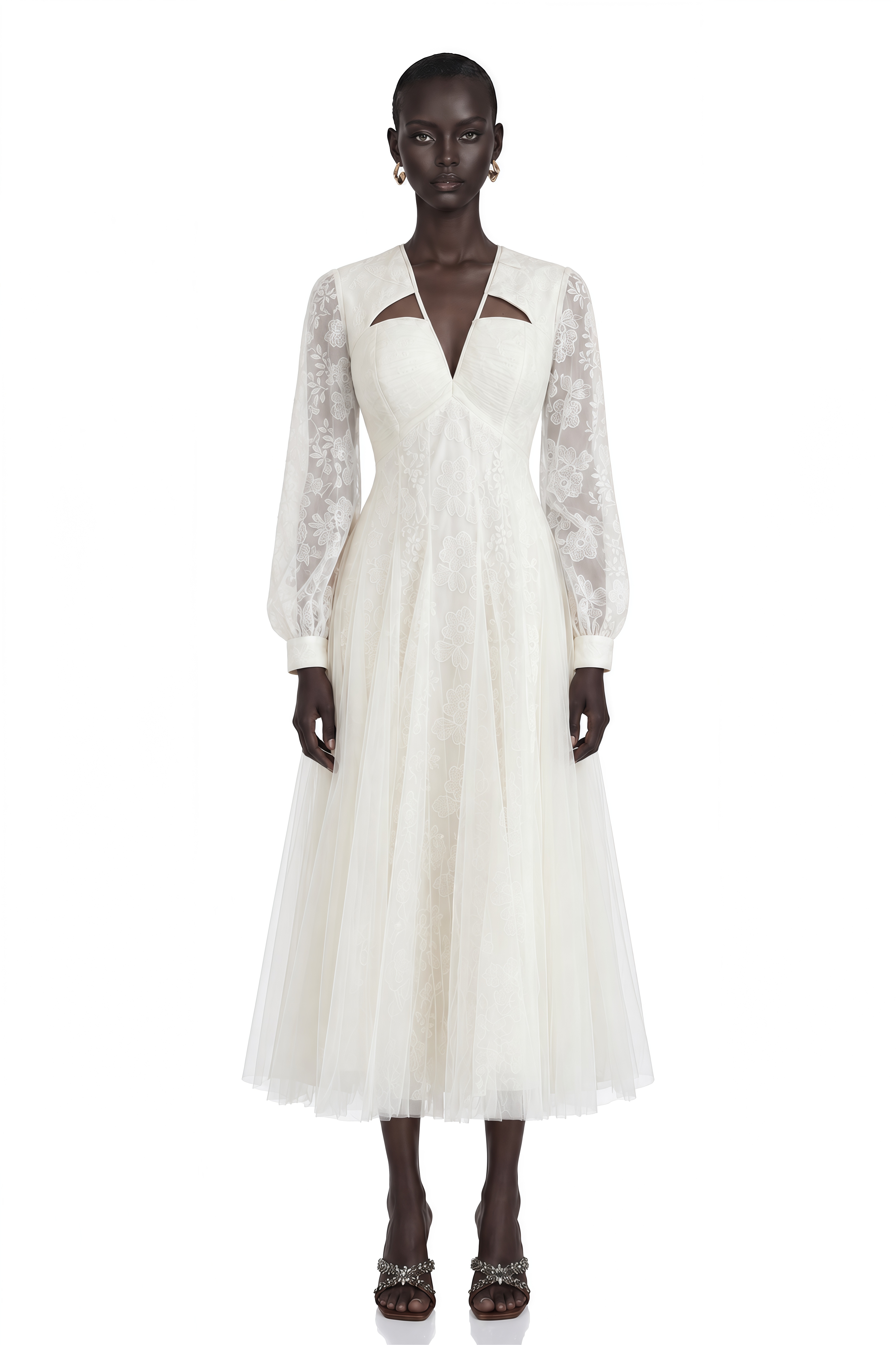 Eirlys White Floral Lace Tulle Midi Dress