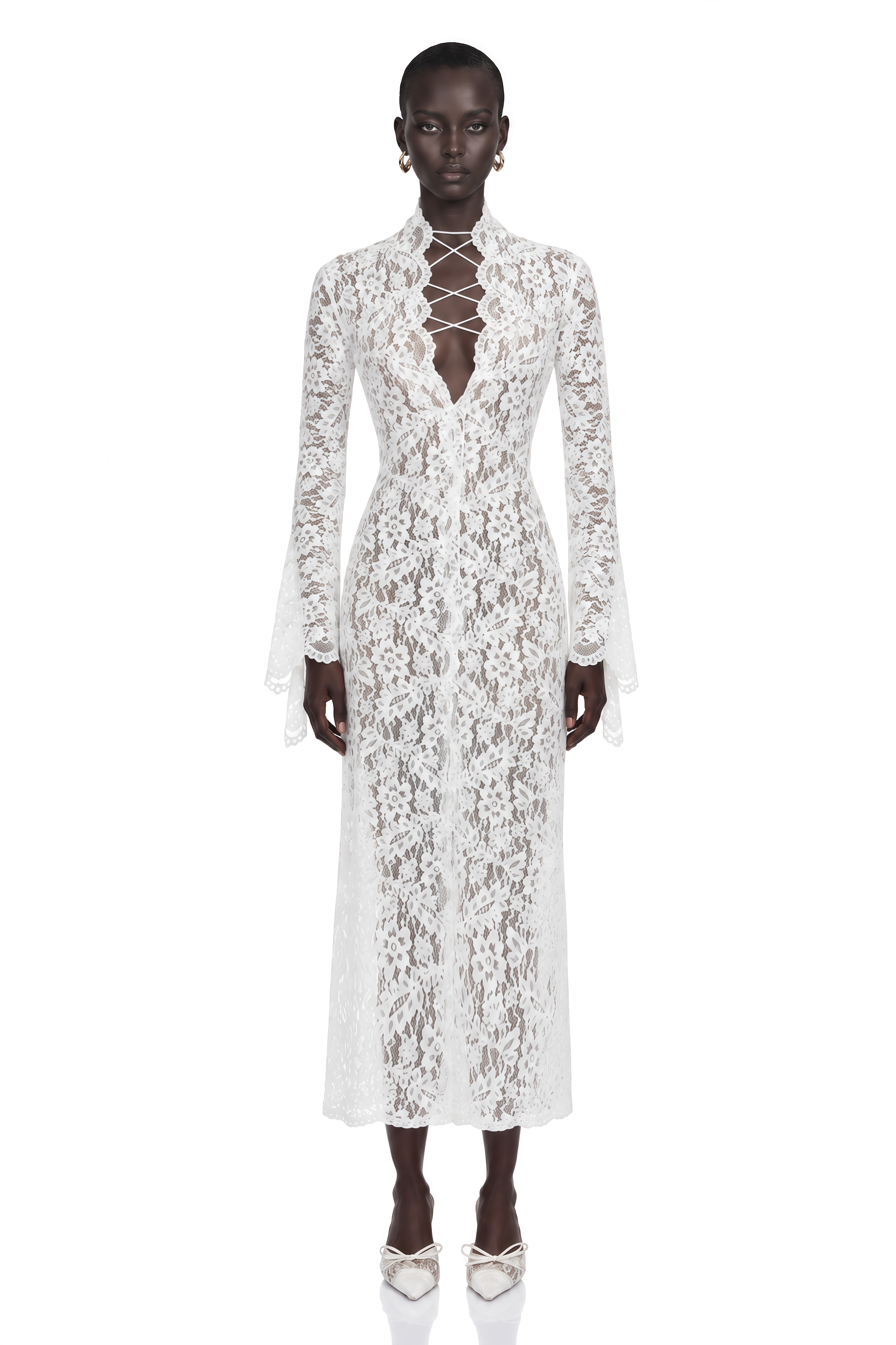 Maëlys White Floral Lace Plunge Neck Maxi Dress