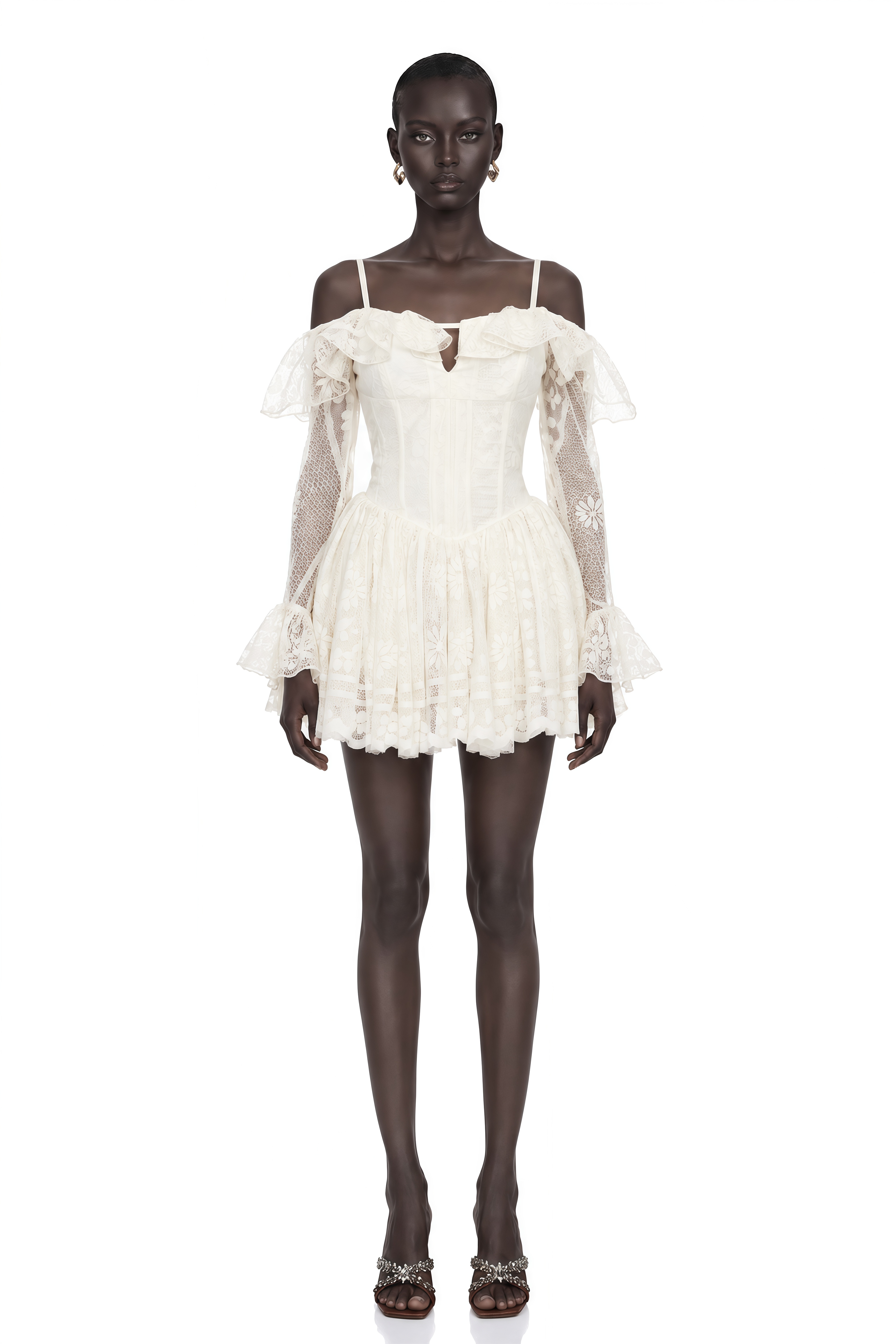 Omphale Neutral Floral Lace Ruffled Mini Dress