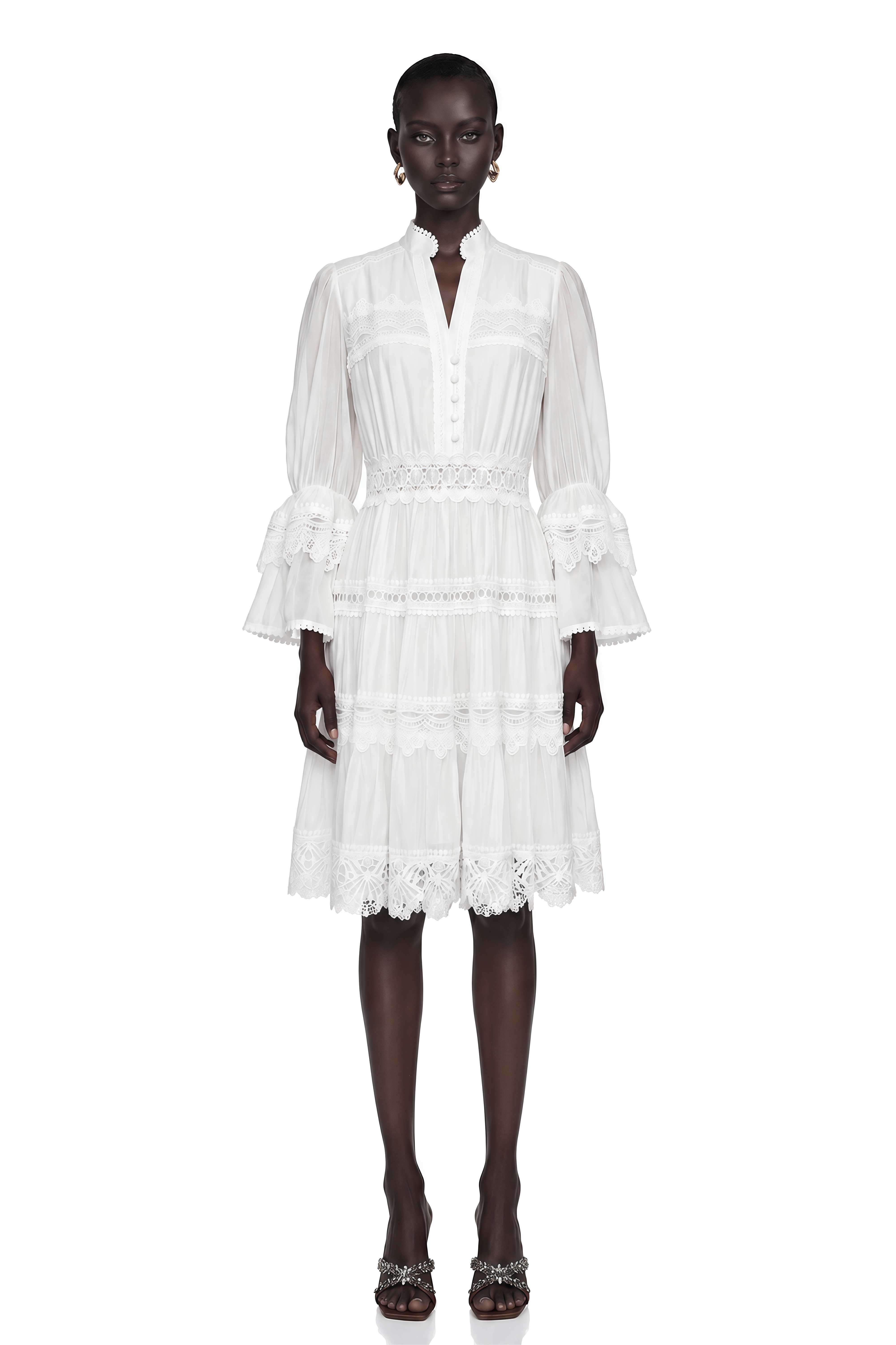 Hespera White Ruffled Floral Lace Mini Dress
