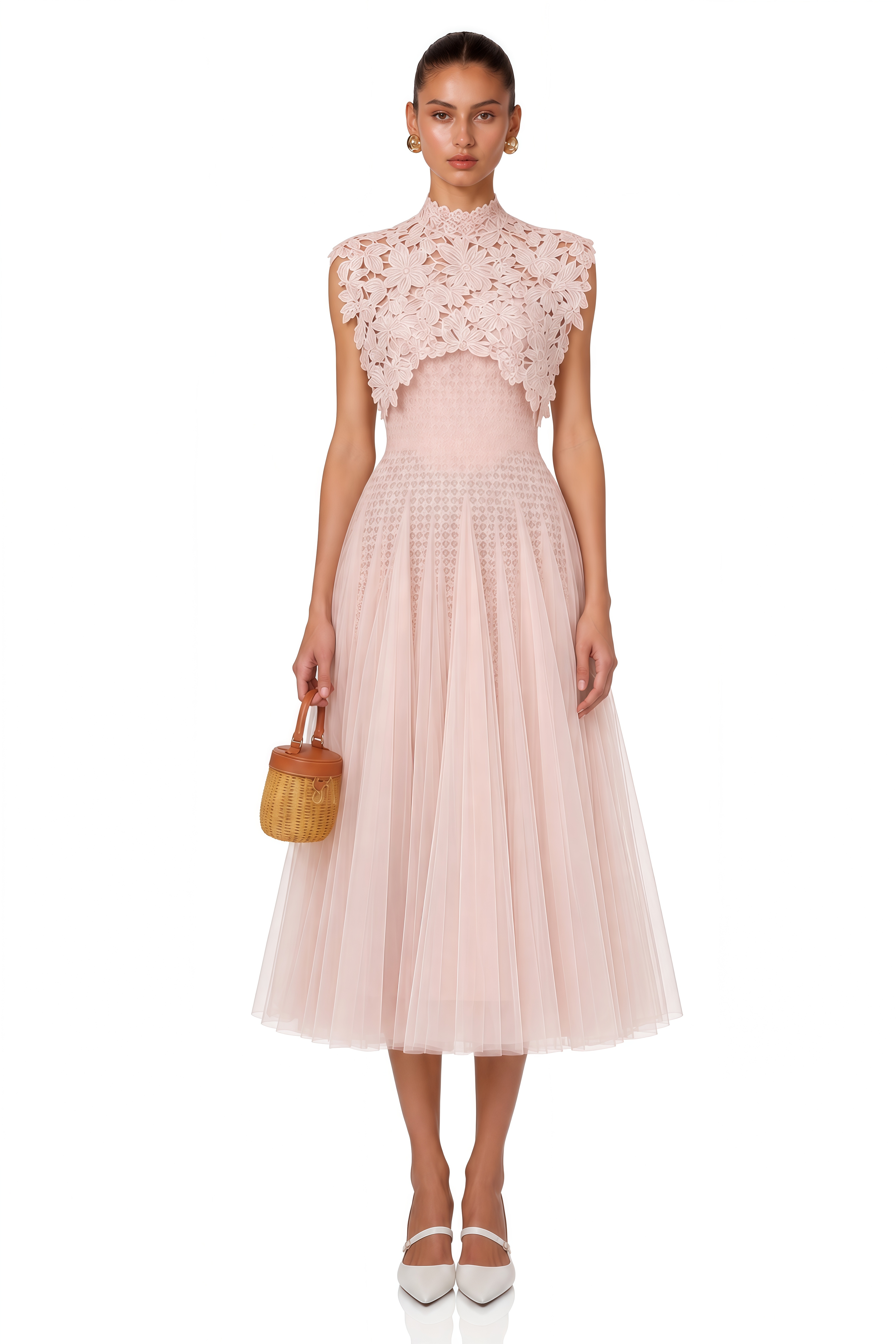 Margaret Light Pink Floral Crochet Midi Dress