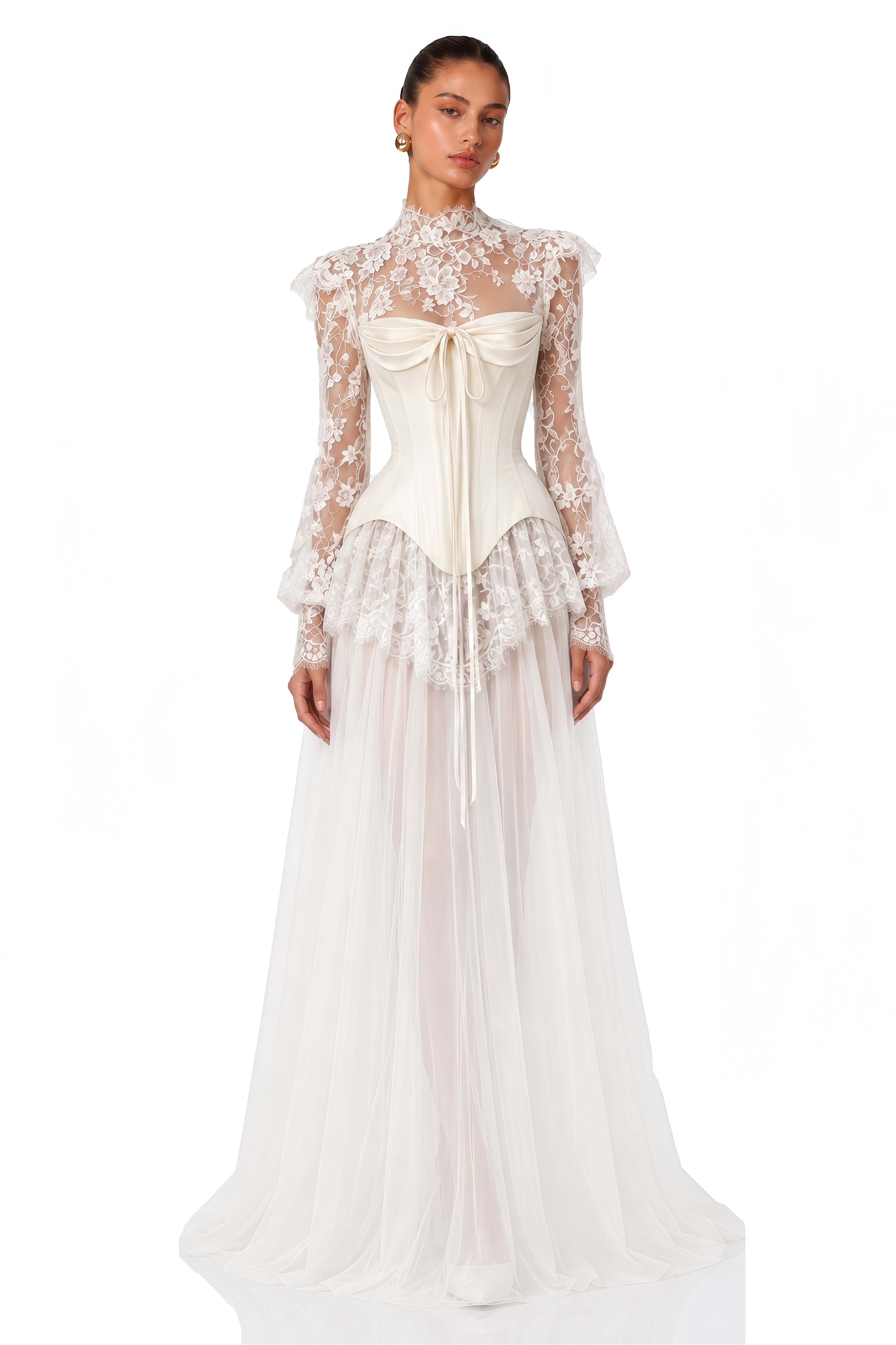 Michalina White Lace Convertible Gown with Long Sleeves – Miss
