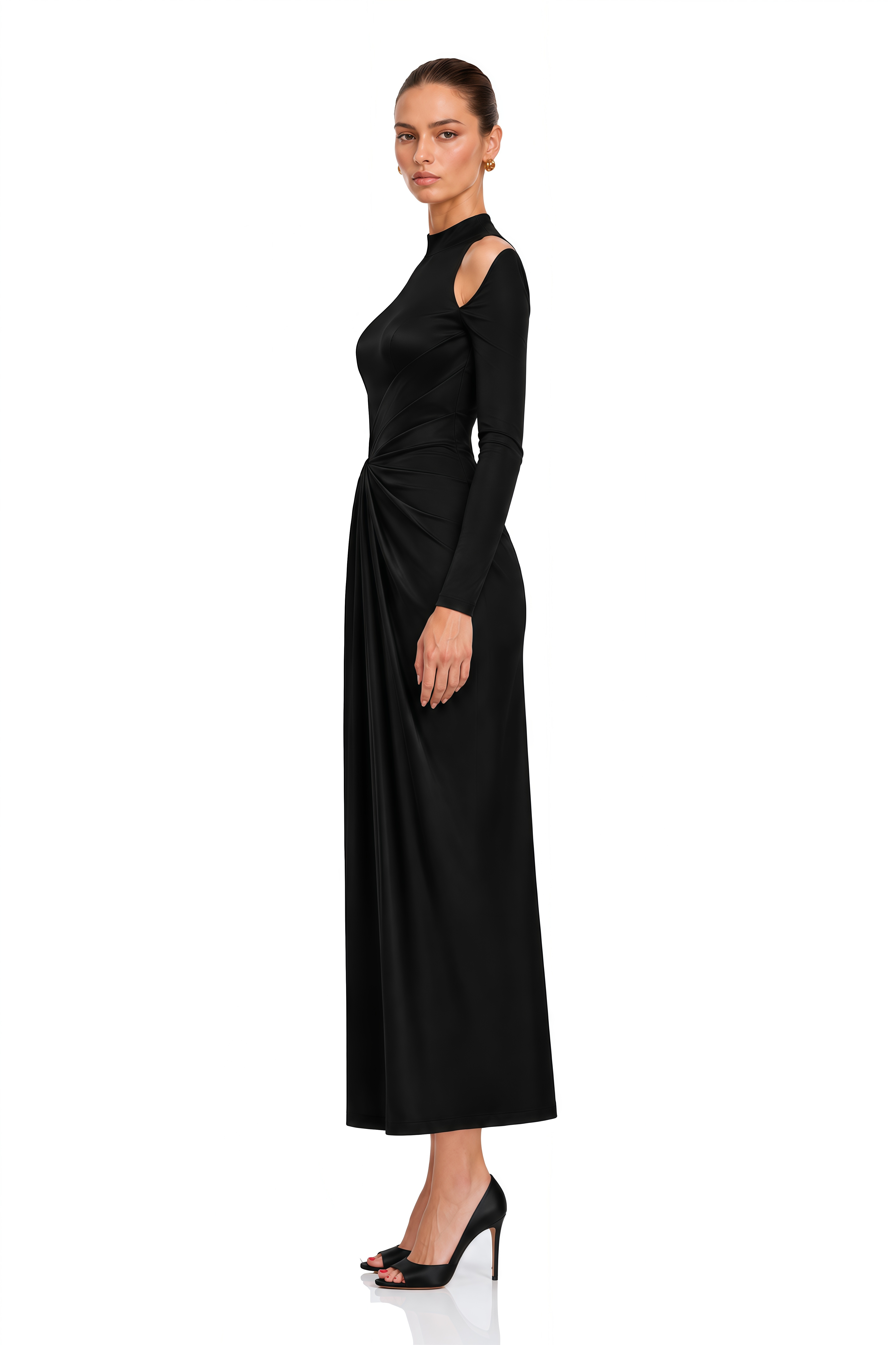 Krista Black Cold Shoulder Ruched Maxi Dress