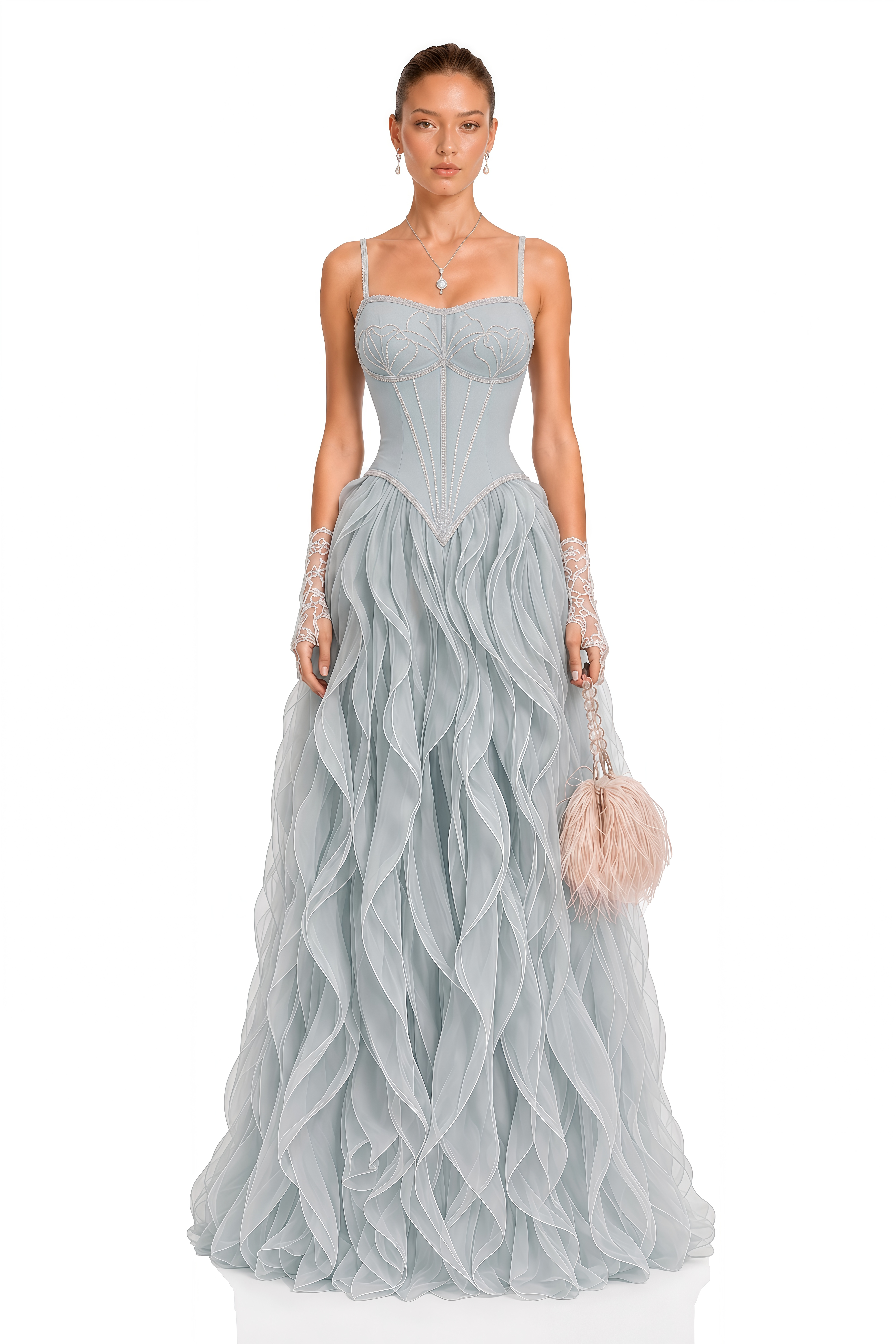 Ianthe Dusty Blue Ruffled Tulle Maxi Dress (Without Gloves)