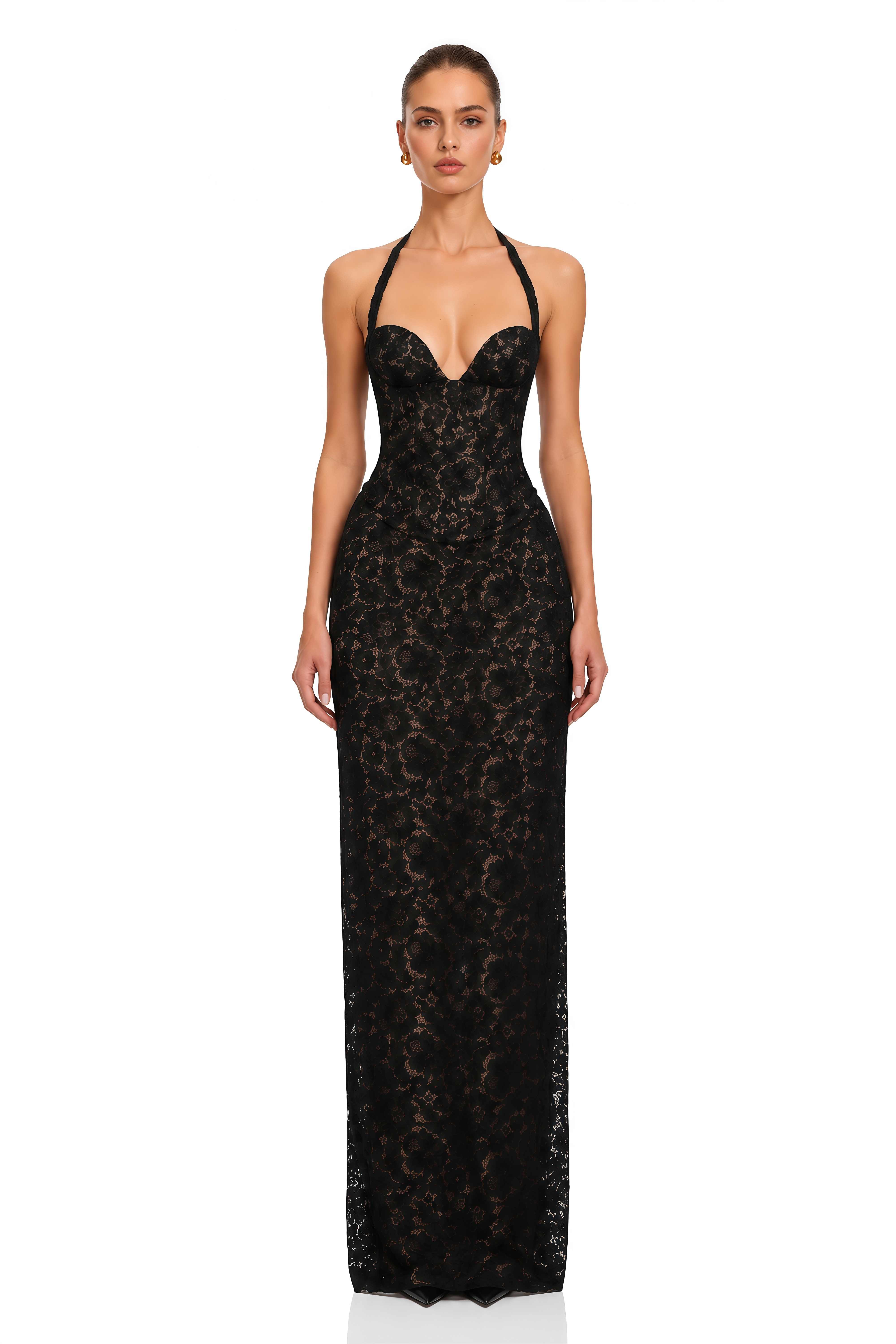 Sofia Black Floral Lace Corset Maxi Gown