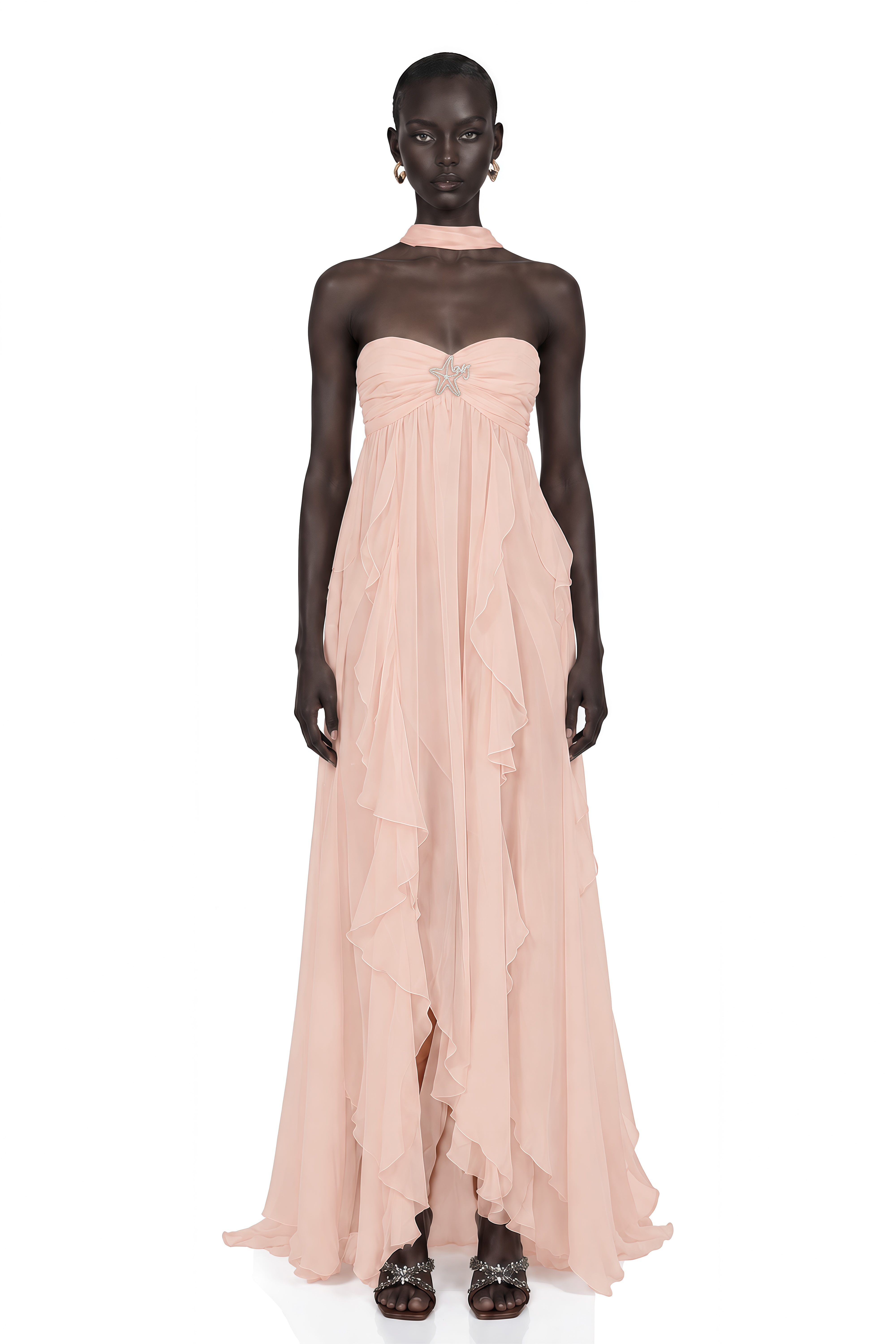 Mariah Pink Chiffon Ruffle Halterneck Maxi Dress – Miss Rosier