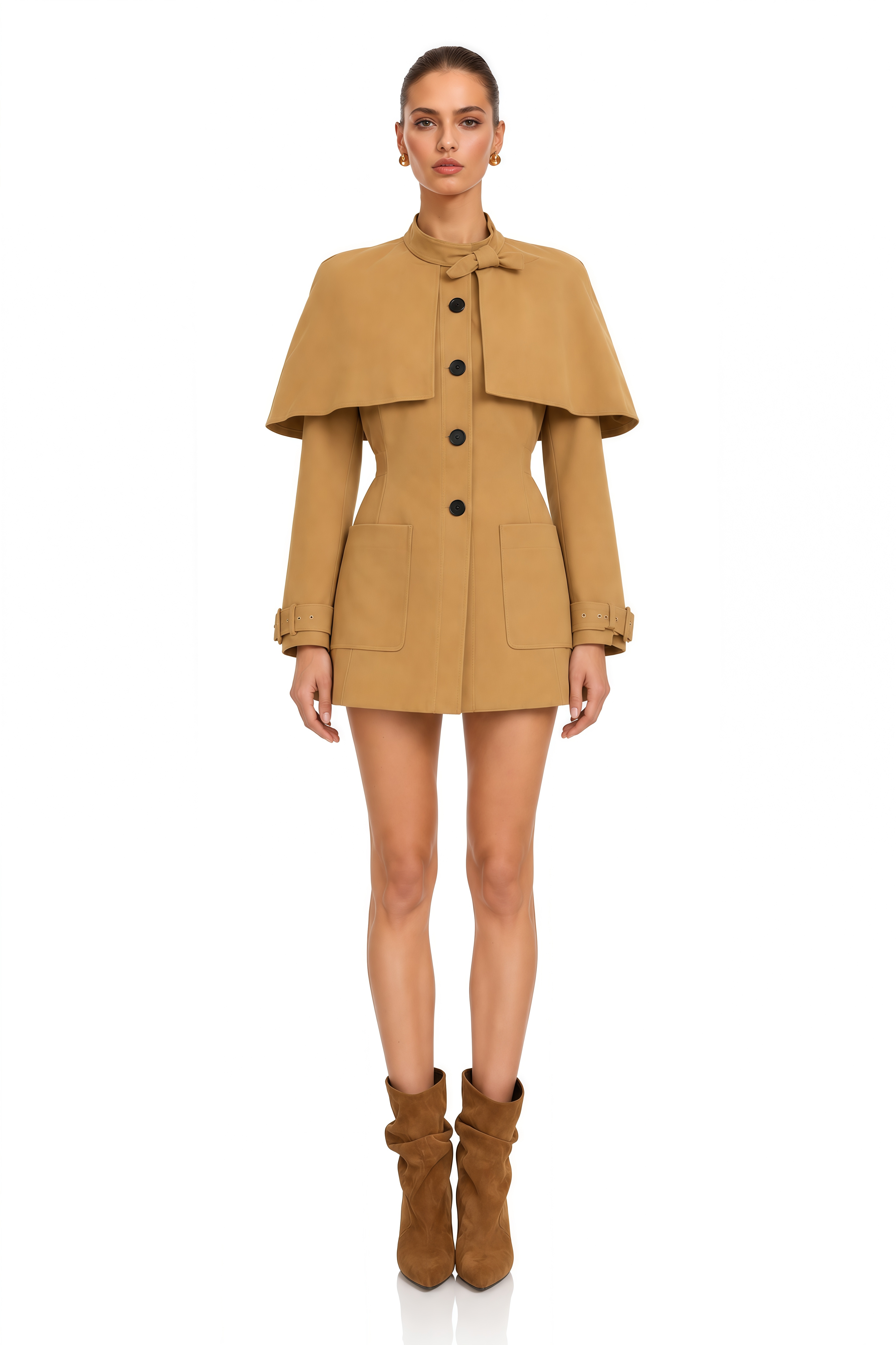 Azzurra Brown Cape-Detail Trench Mini Dress