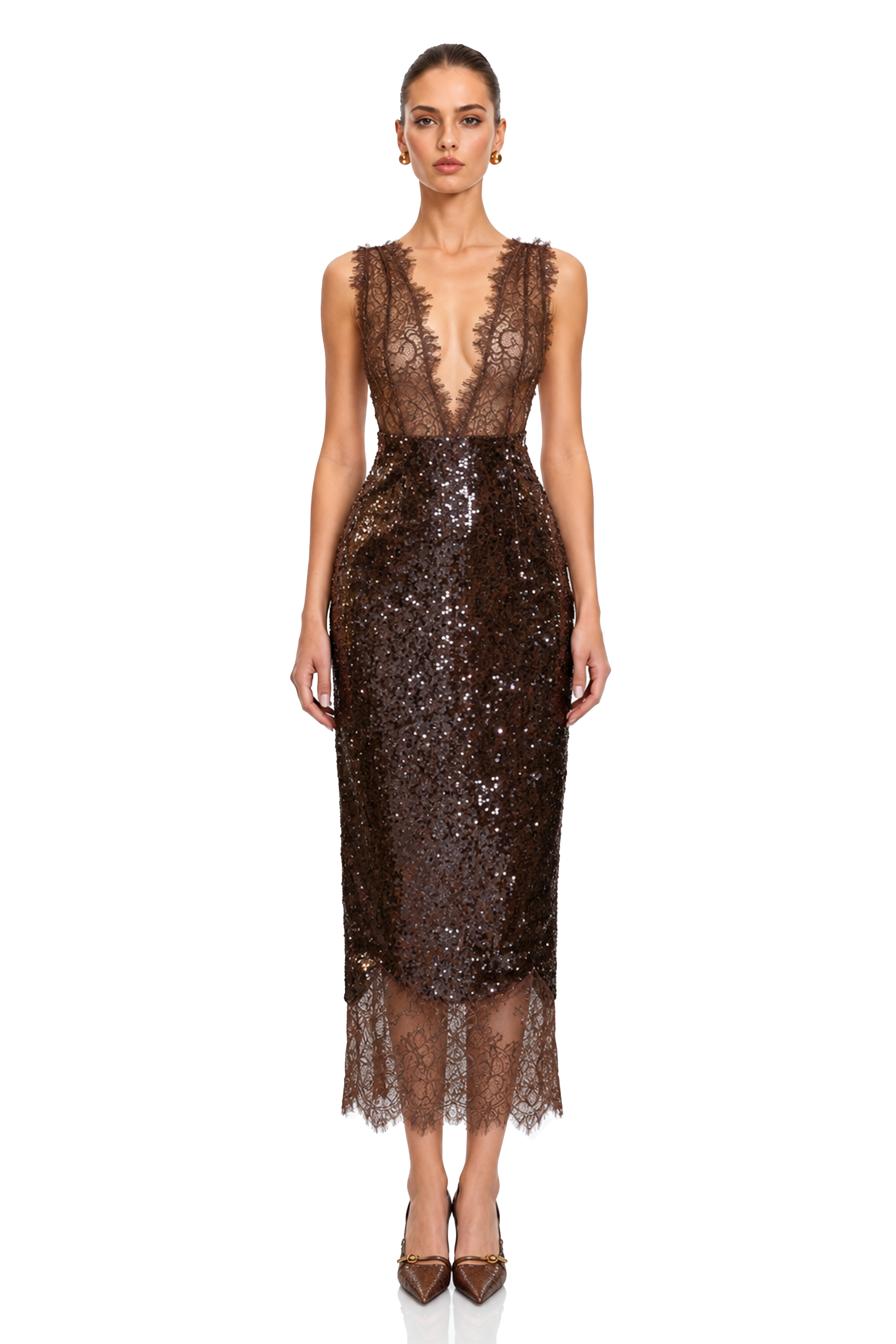 Ava Brown Lace Panel Sequined Maxi Dress