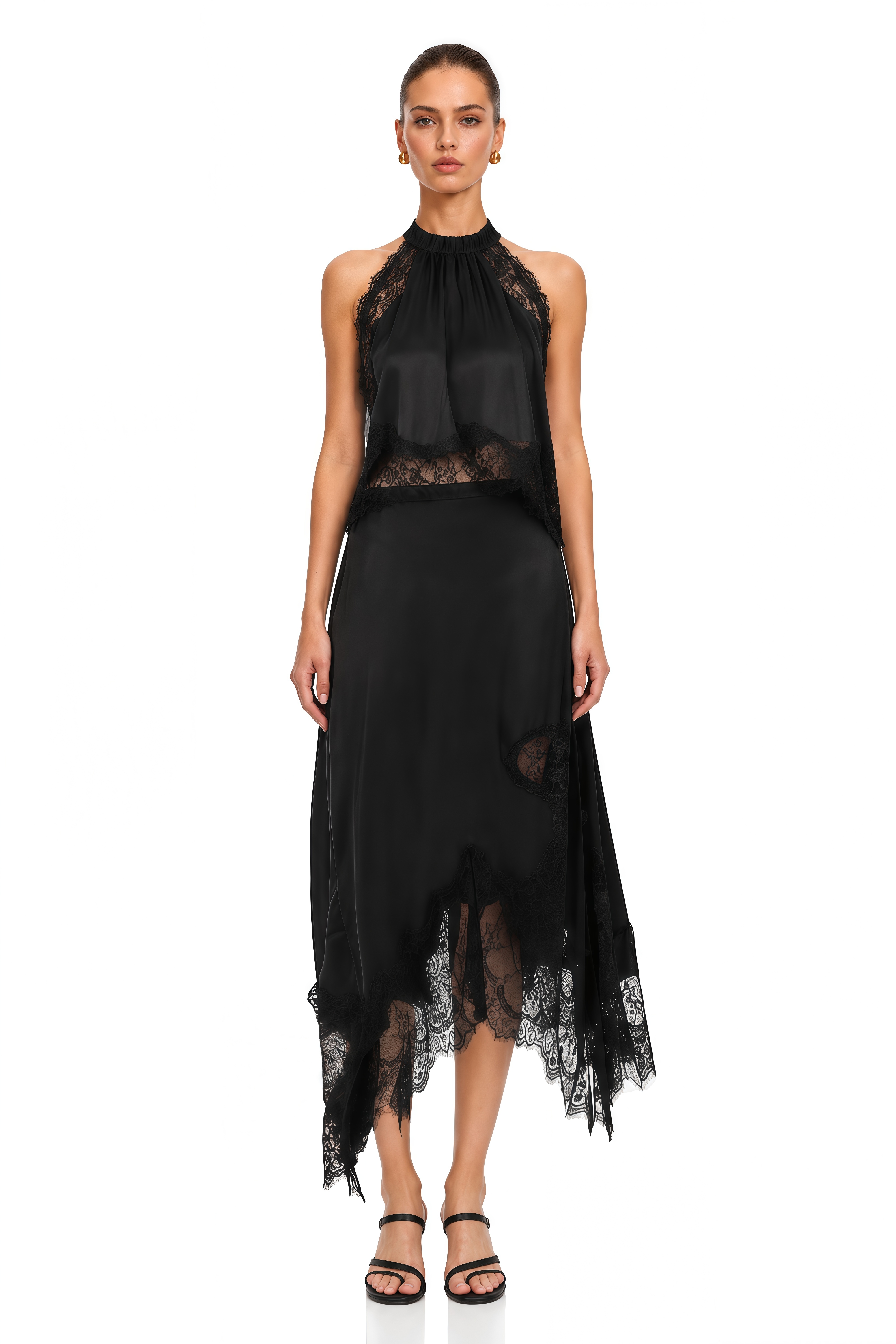 Florence Black Lace Panel Top & Skirt Set