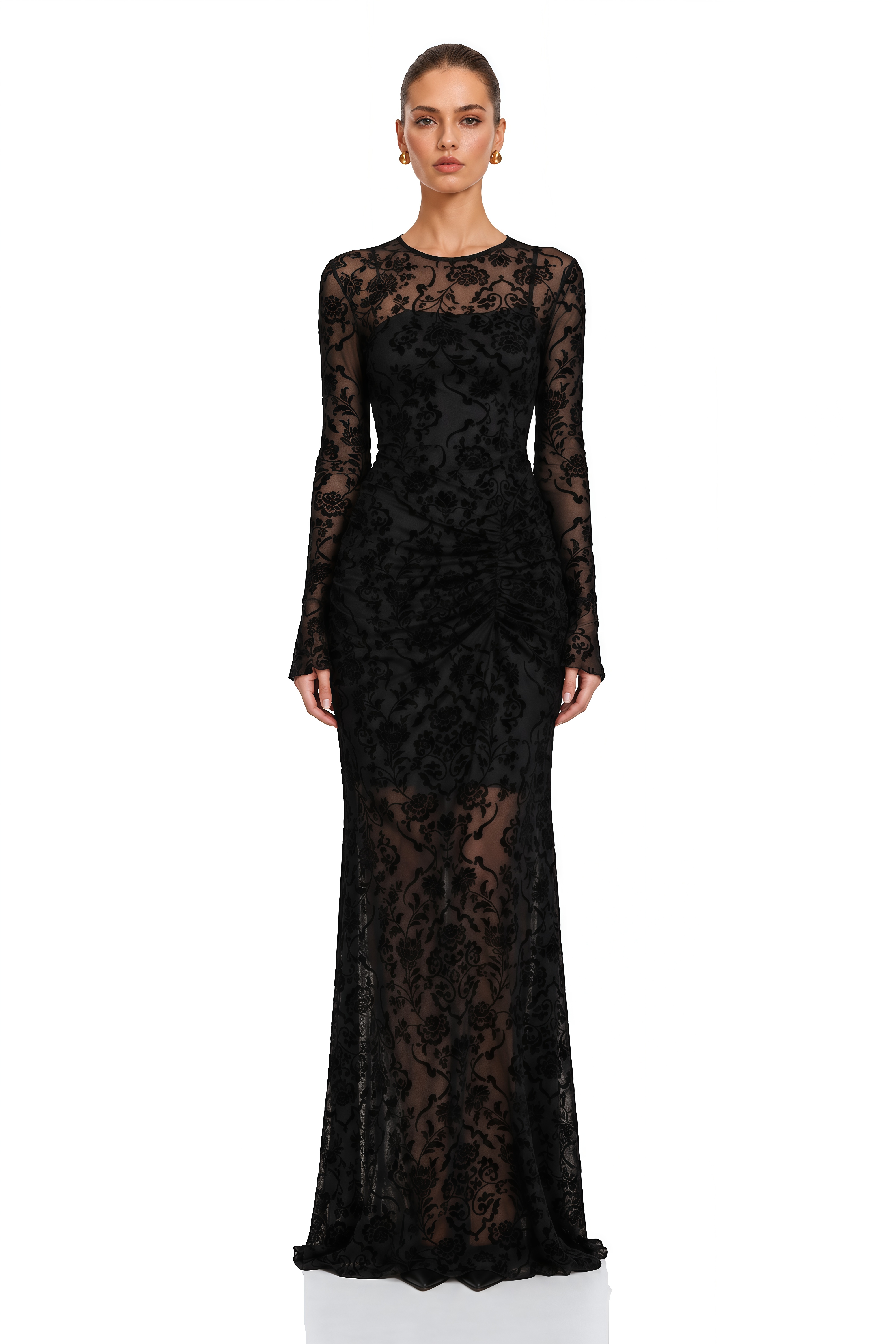 Kismet Black Flocked Floral Ruched Maxi Dress