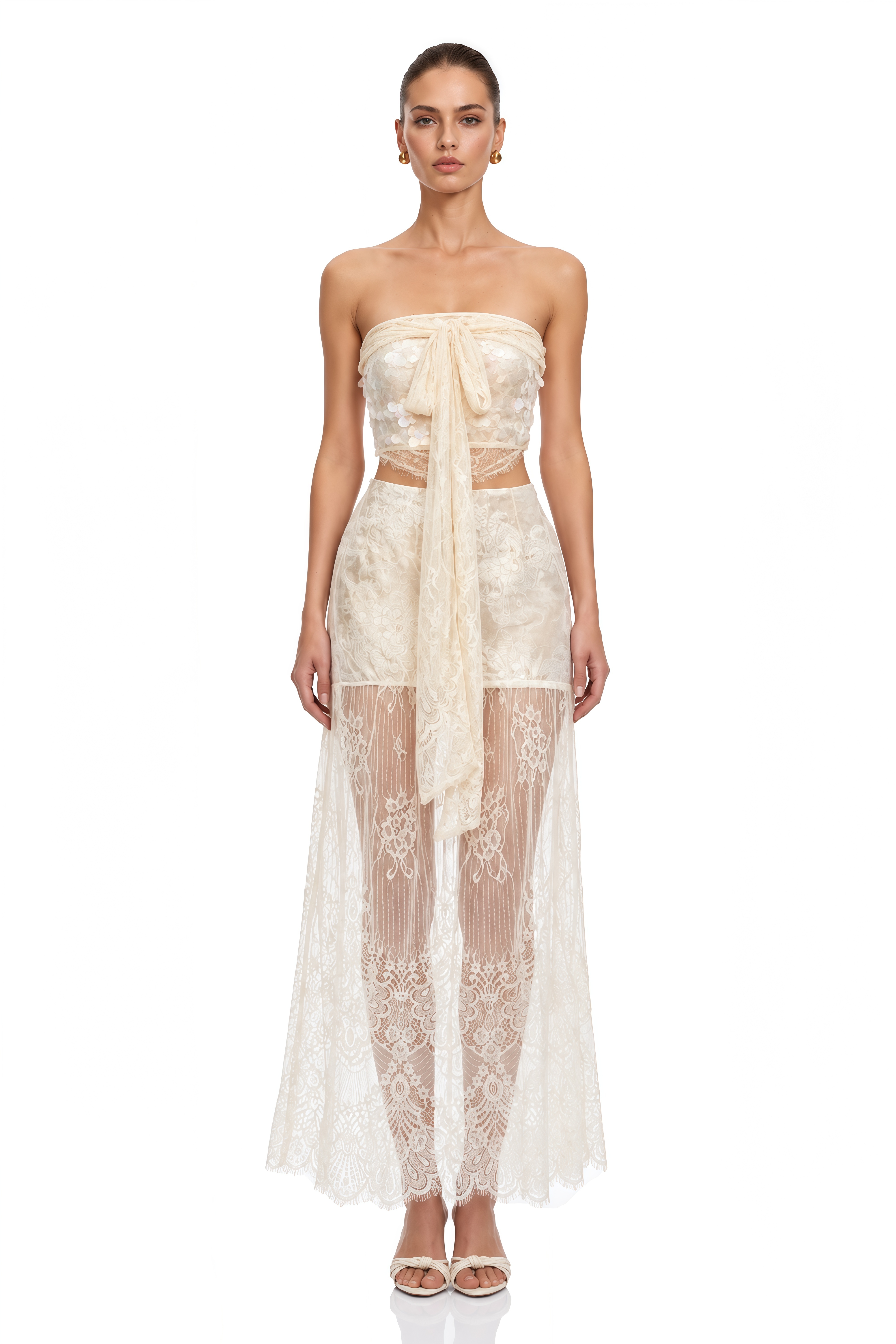 Dove Ivory Lace Bustier Top & Skirt Set with Bow